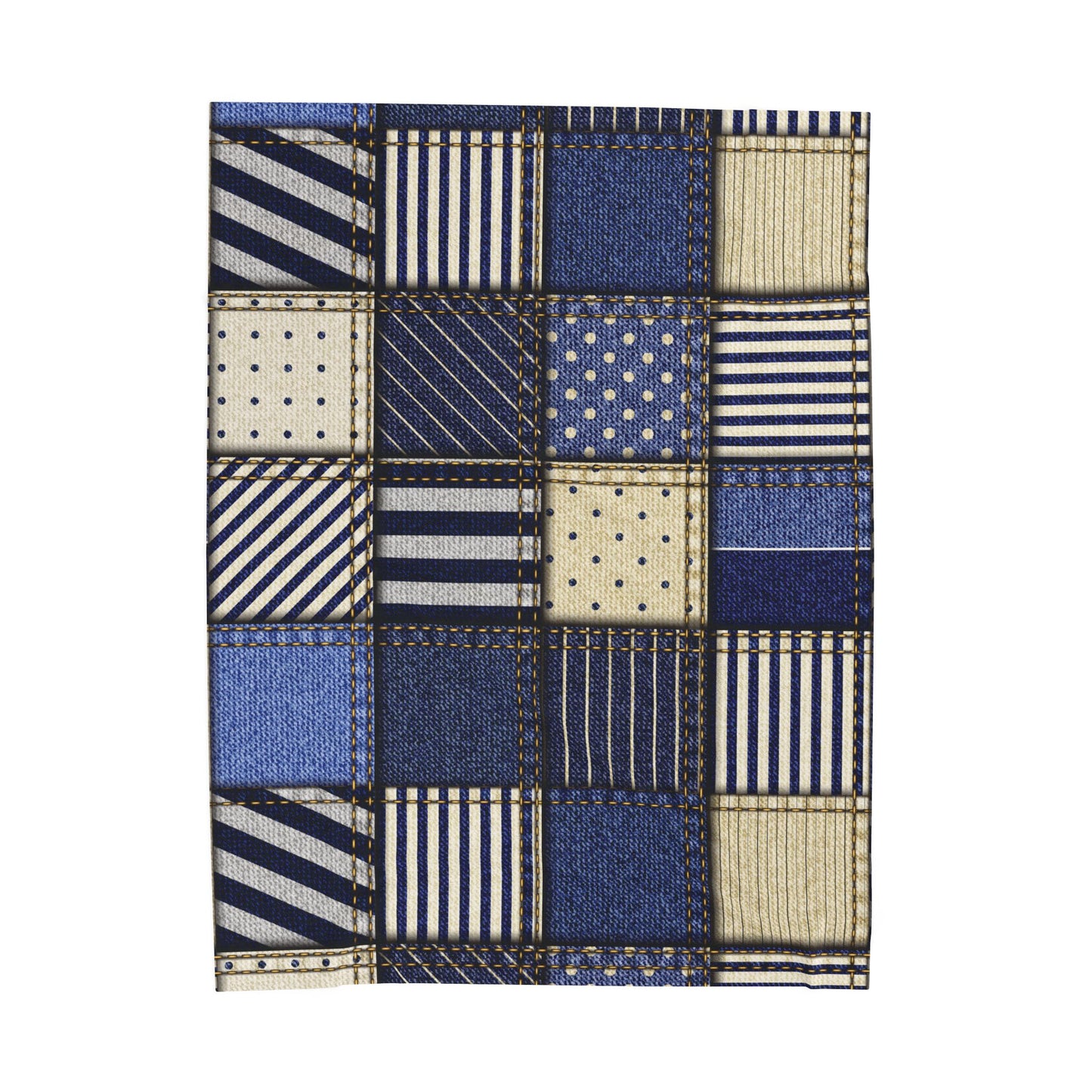 Patchwork patterned fabric with blue, beige, and white squares on a white background