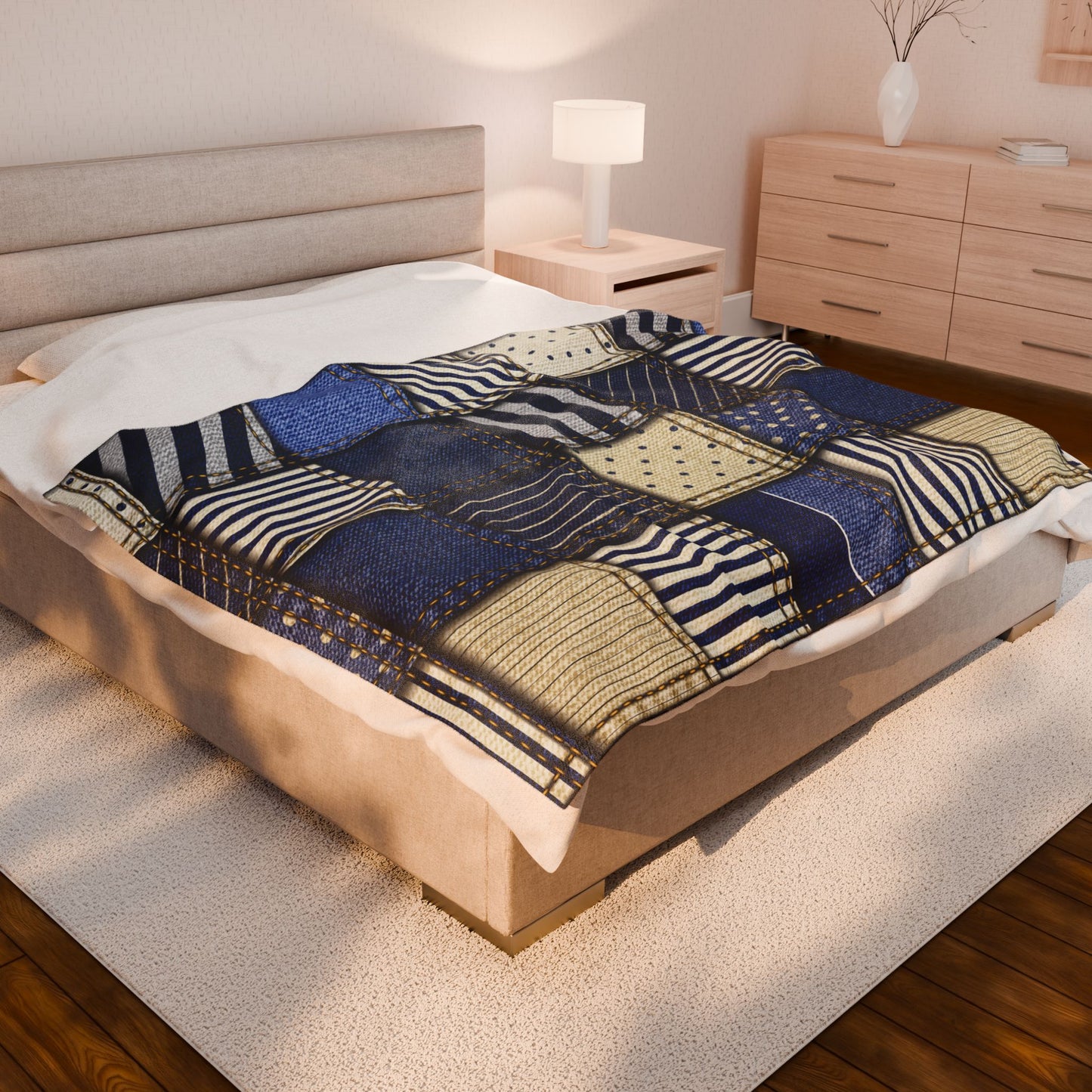 Bed with a patterned blanket in a bedroom setting