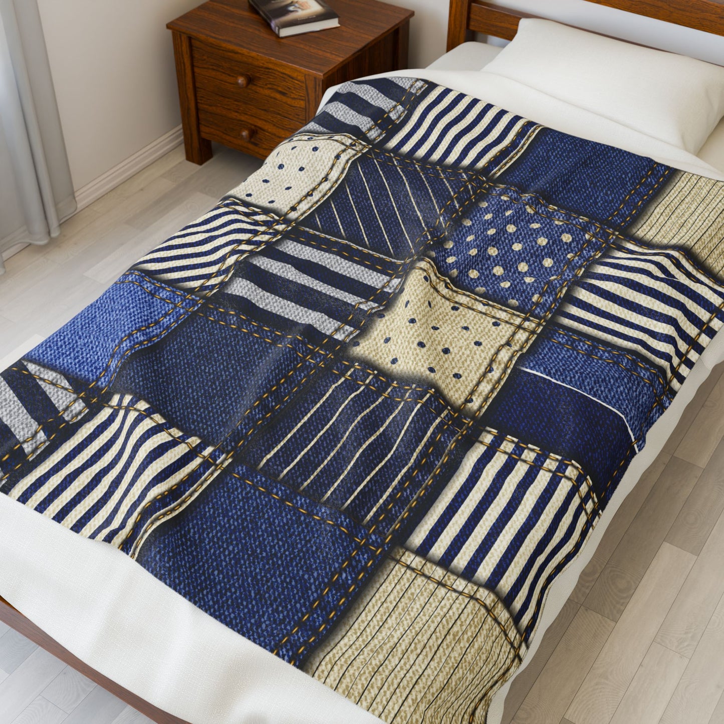Patchwork quilt made from recycled denim on a bed in a bedroom.
