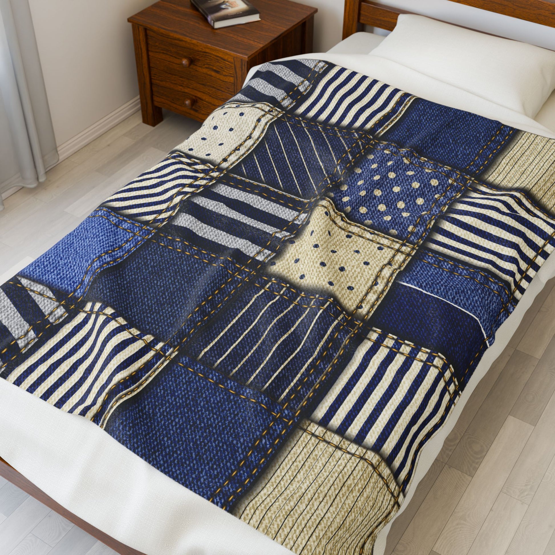 Patchwork quilt made from recycled denim on a bed in a bedroom.