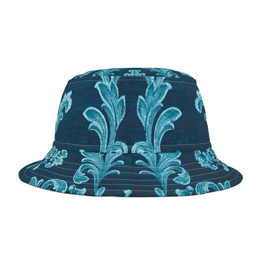 Bucket hat with teal floral pattern on a white background
