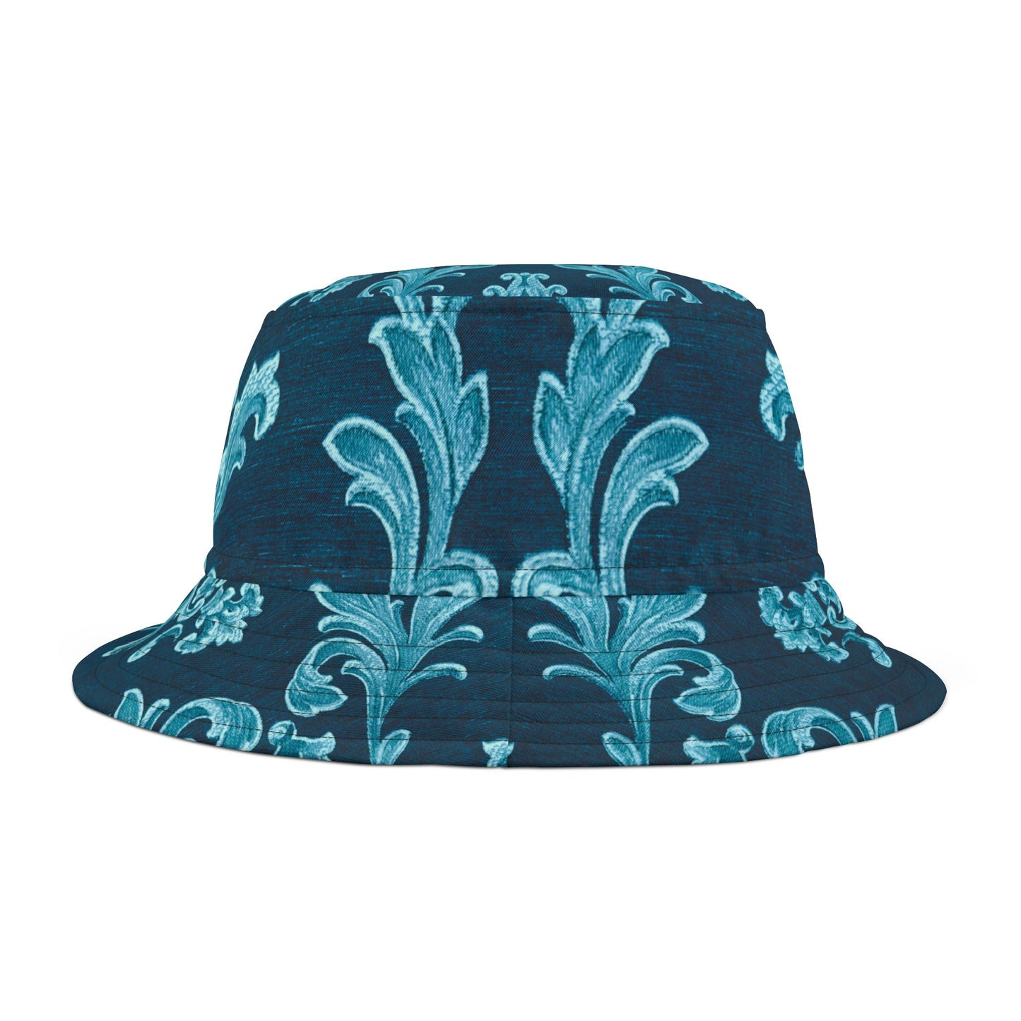 Navy bucket hat with teal floral pattern on a white background