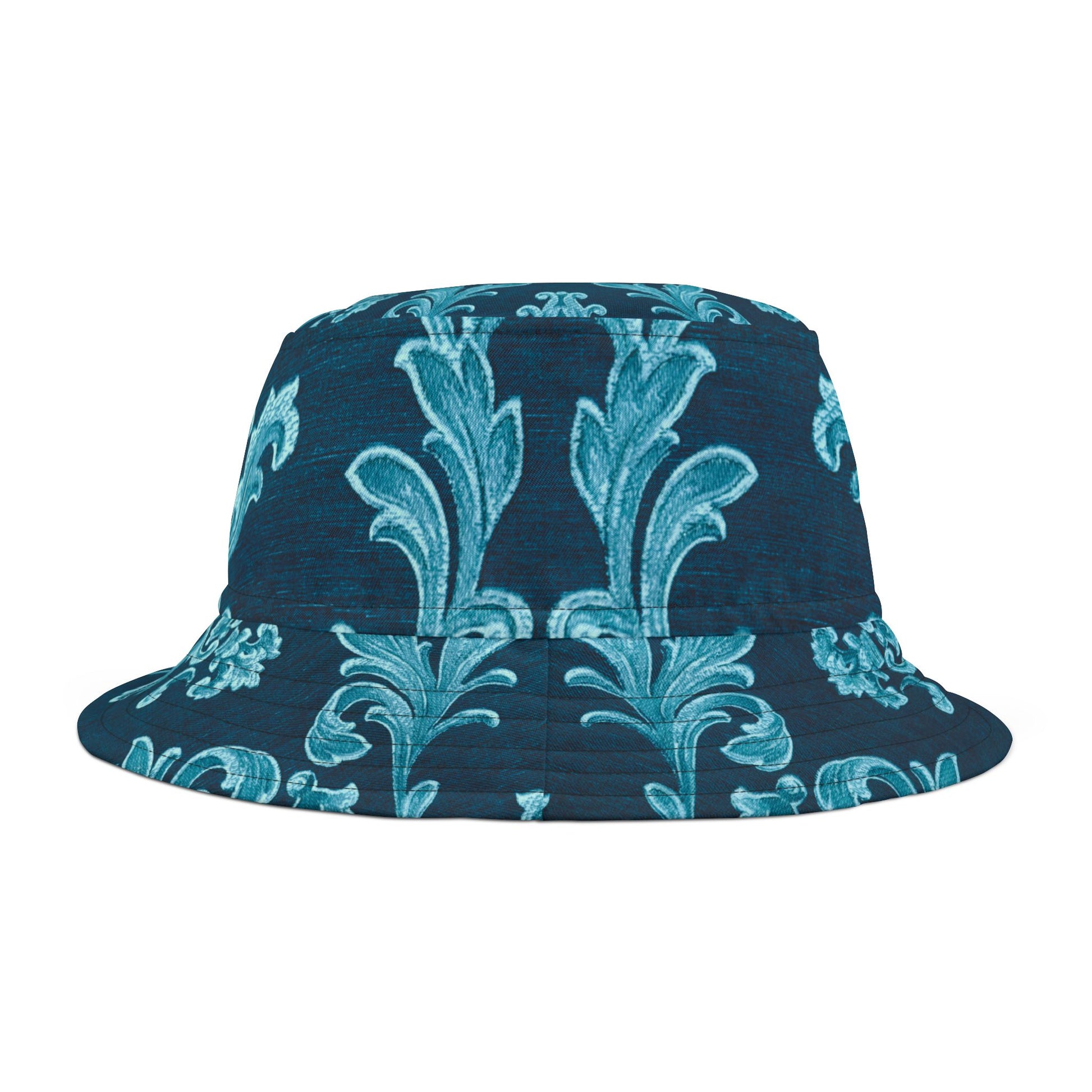 Navy bucket hat with teal floral pattern on a white background