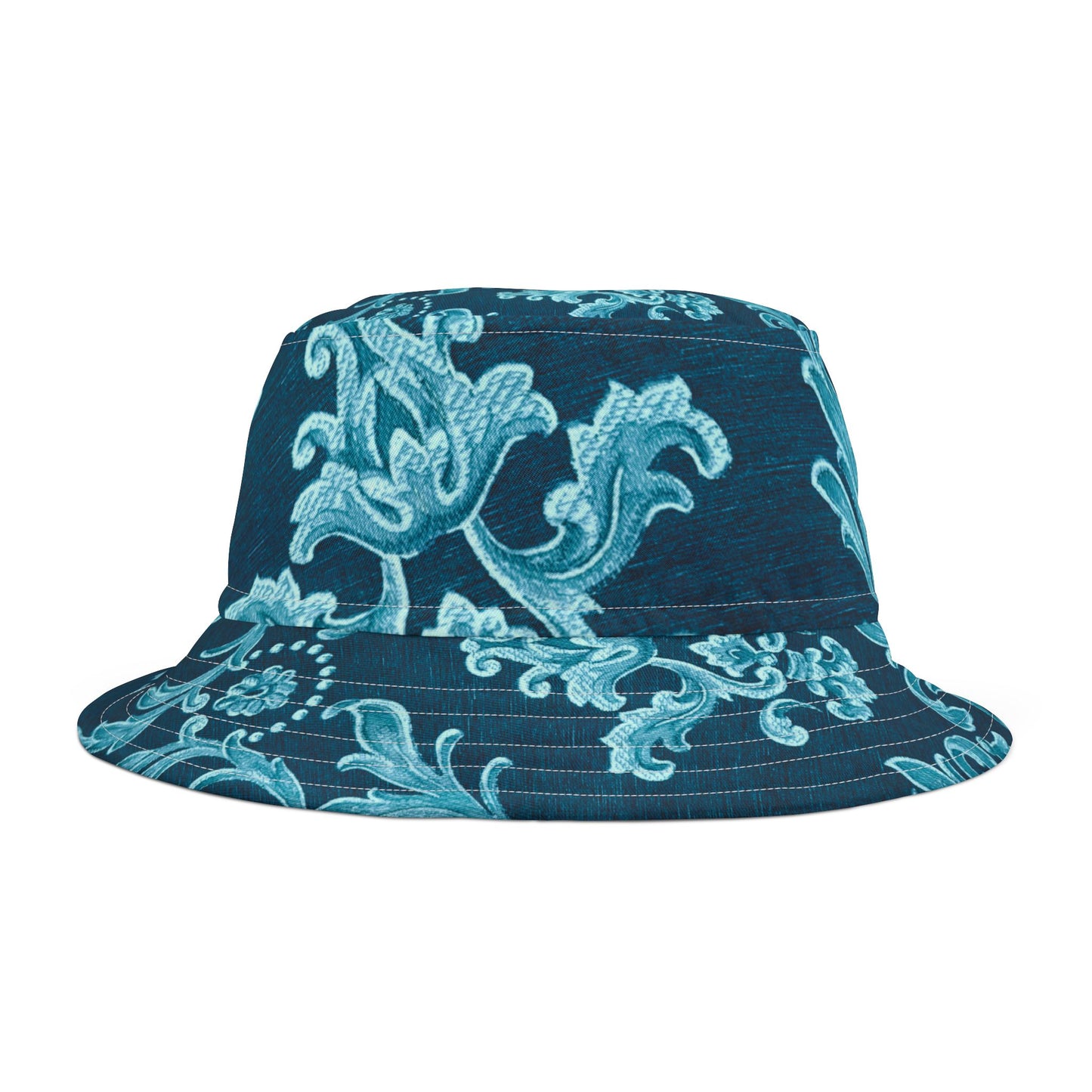 Blue bucket hat with decorative patterns on a white background
