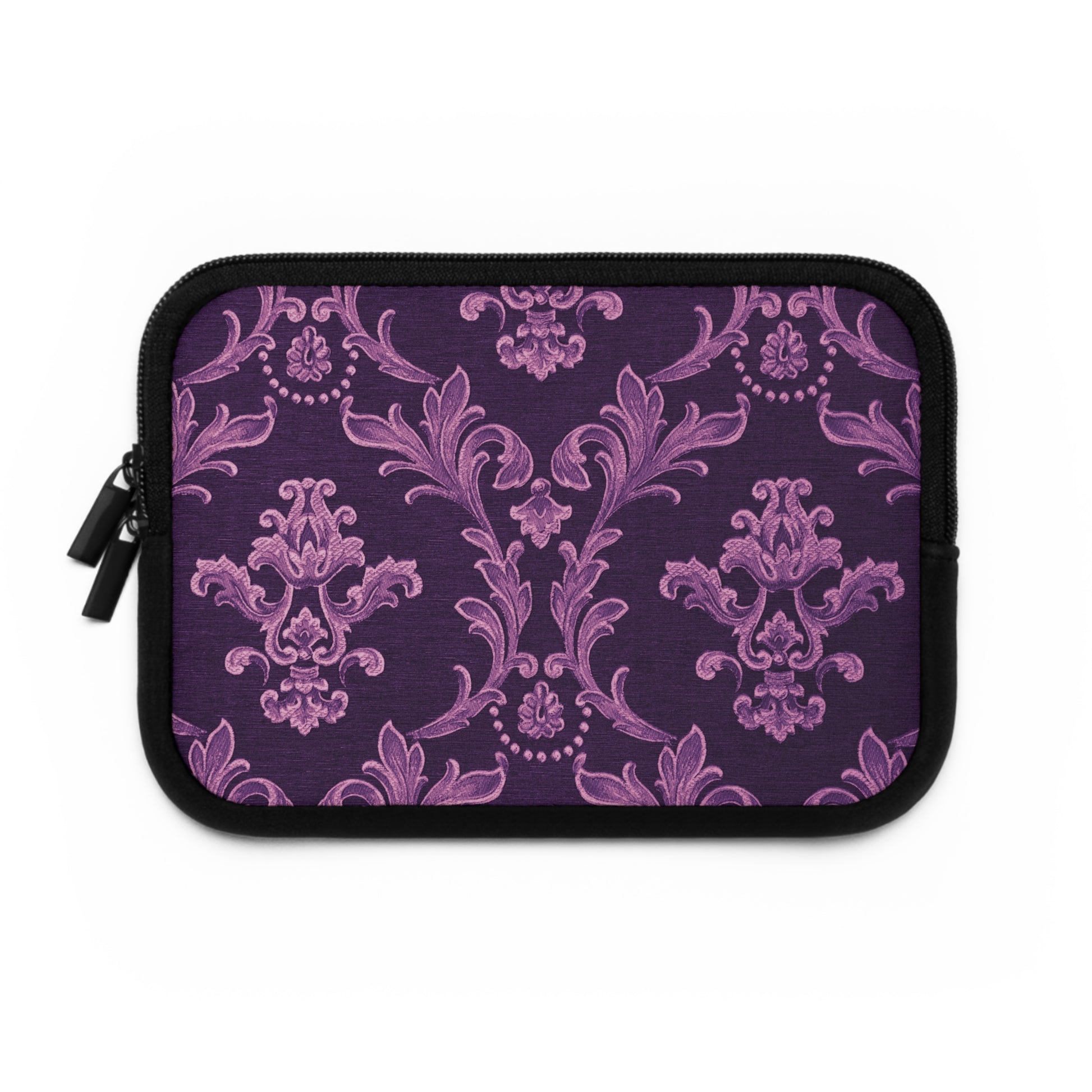 Purple patterned pouch with black border on a white background