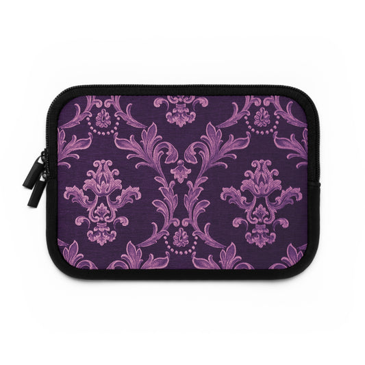Purple patterned pouch with black border on a white background