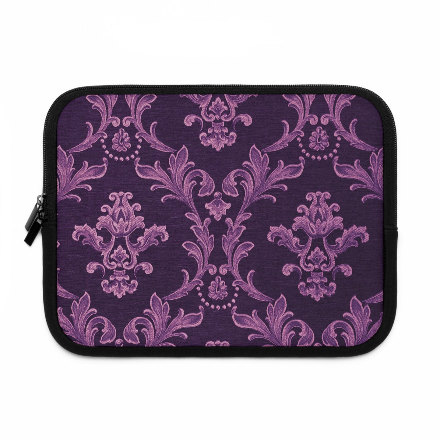 Purple laptop sleeve with pink floral pattern on a white background