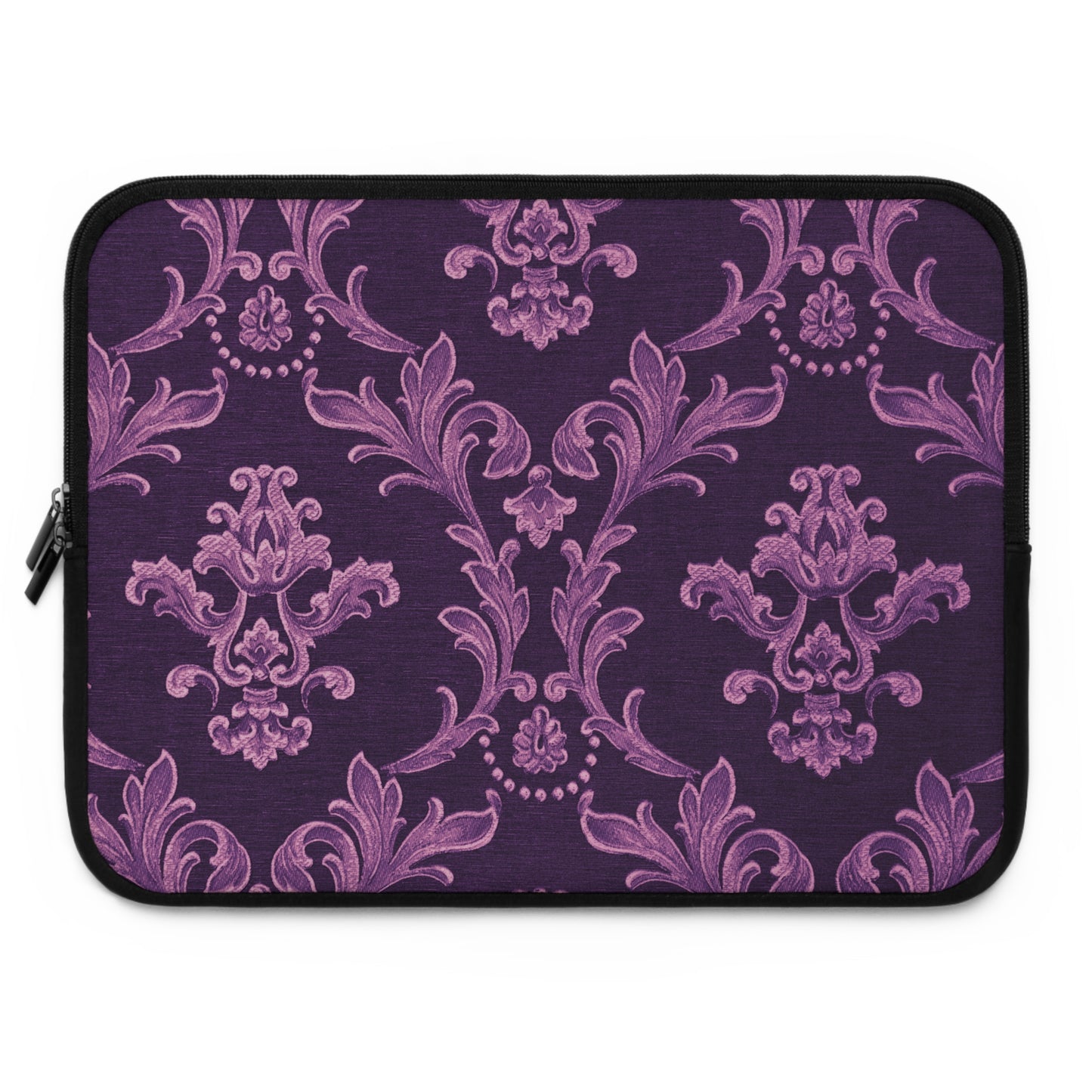 Purple laptop sleeve with pink floral pattern on a white background