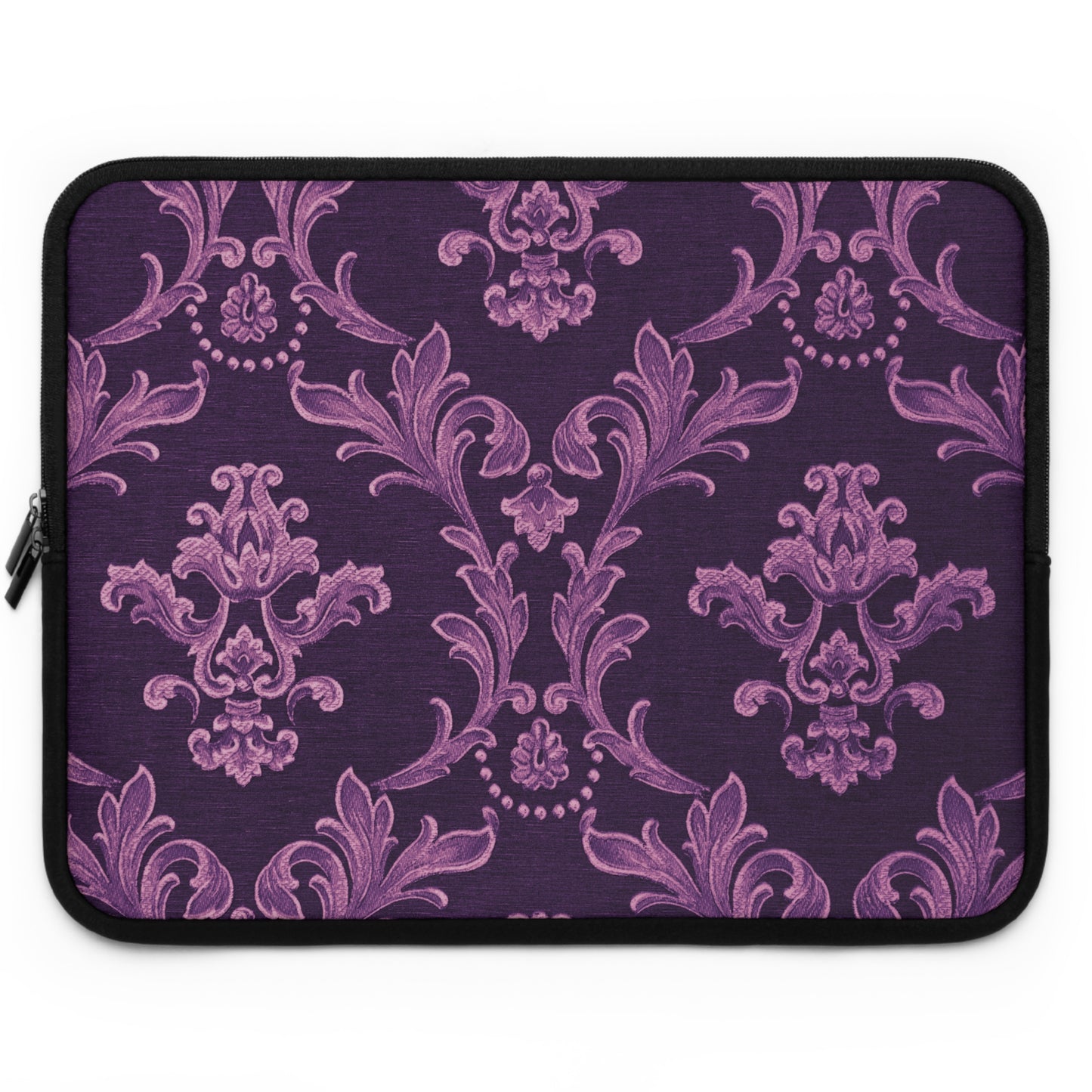 Purple laptop sleeve with pink floral pattern on a white background