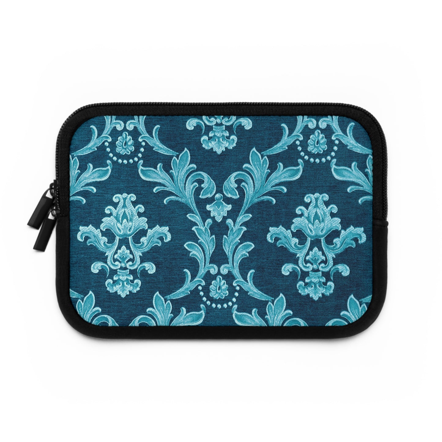 Blue and black patterned pouch on a white background