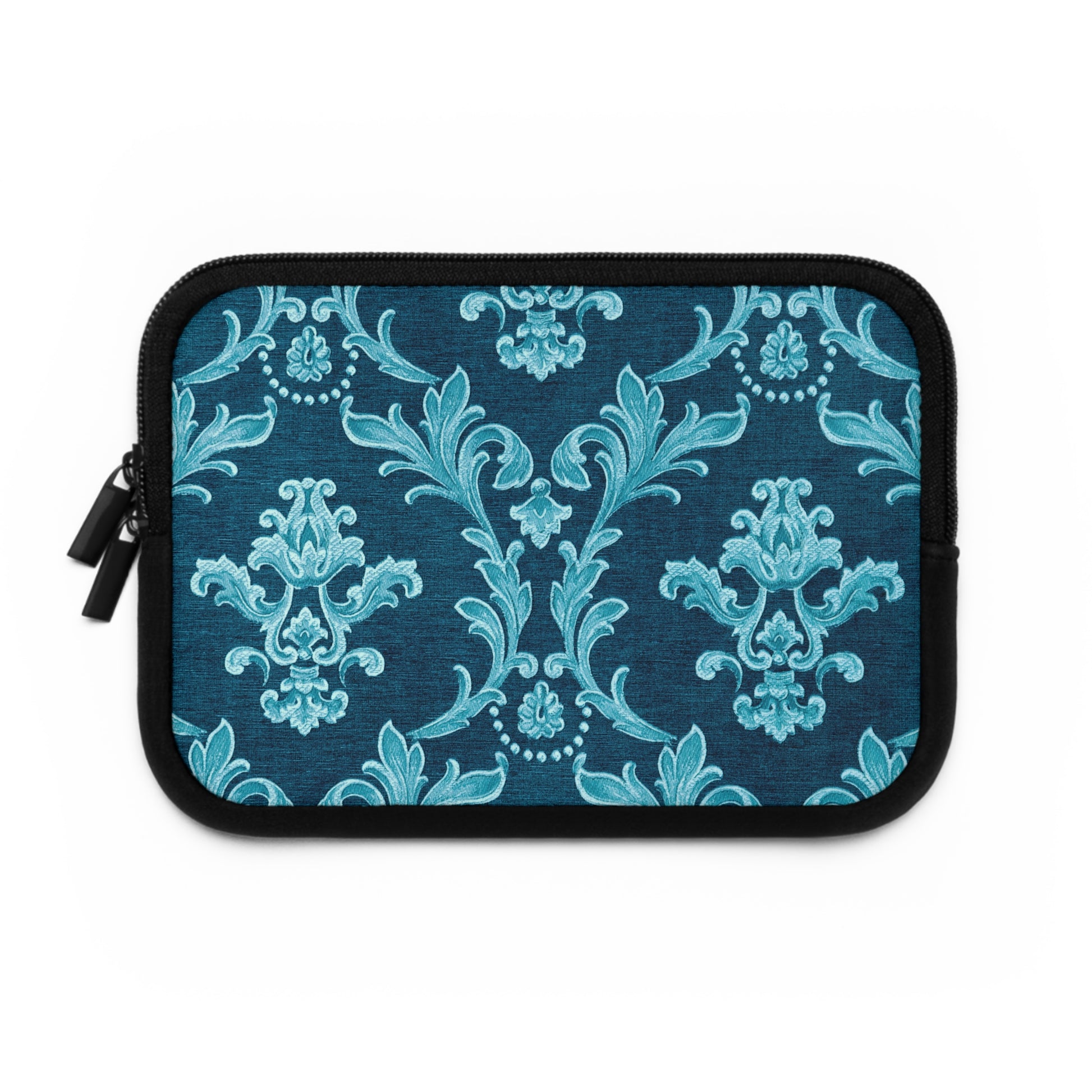Blue and black patterned pouch on a white background