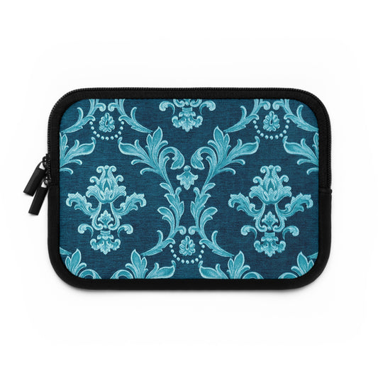 Blue and black patterned pouch on a white background