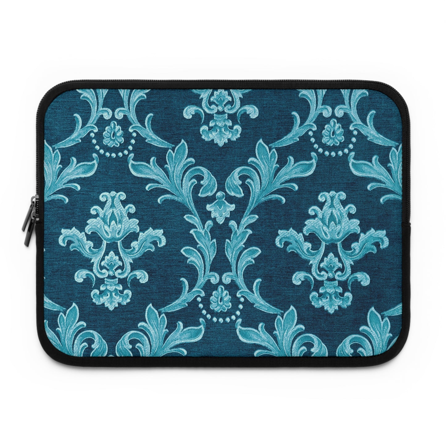 Laptop sleeve with blue floral pattern on a white background