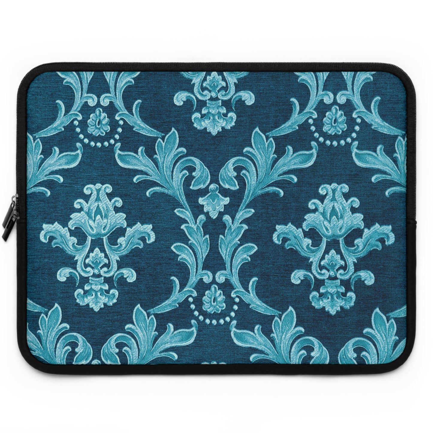 Laptop sleeve with blue floral pattern on a white background