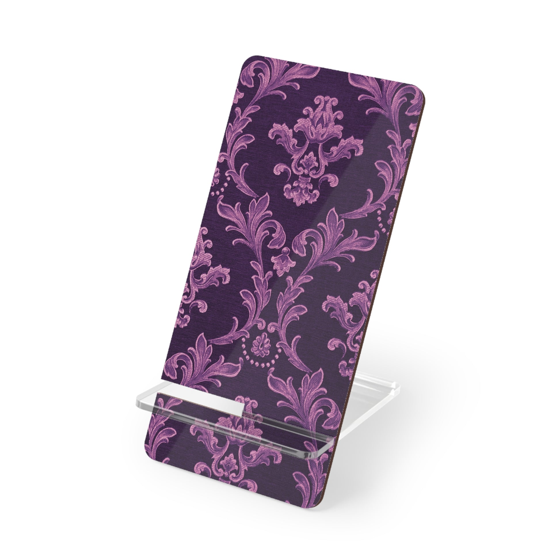 Purple floral patterned phone stand on a white background