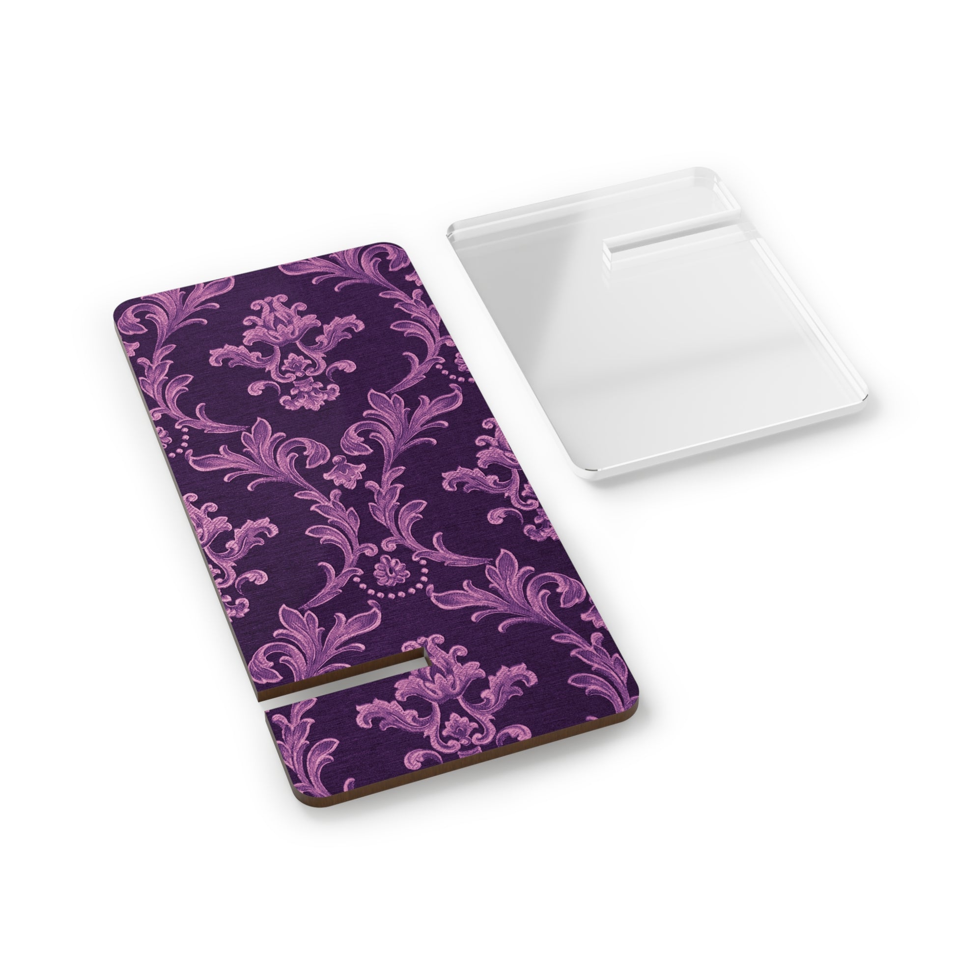 Purple notebook with pink floral pattern on a white background