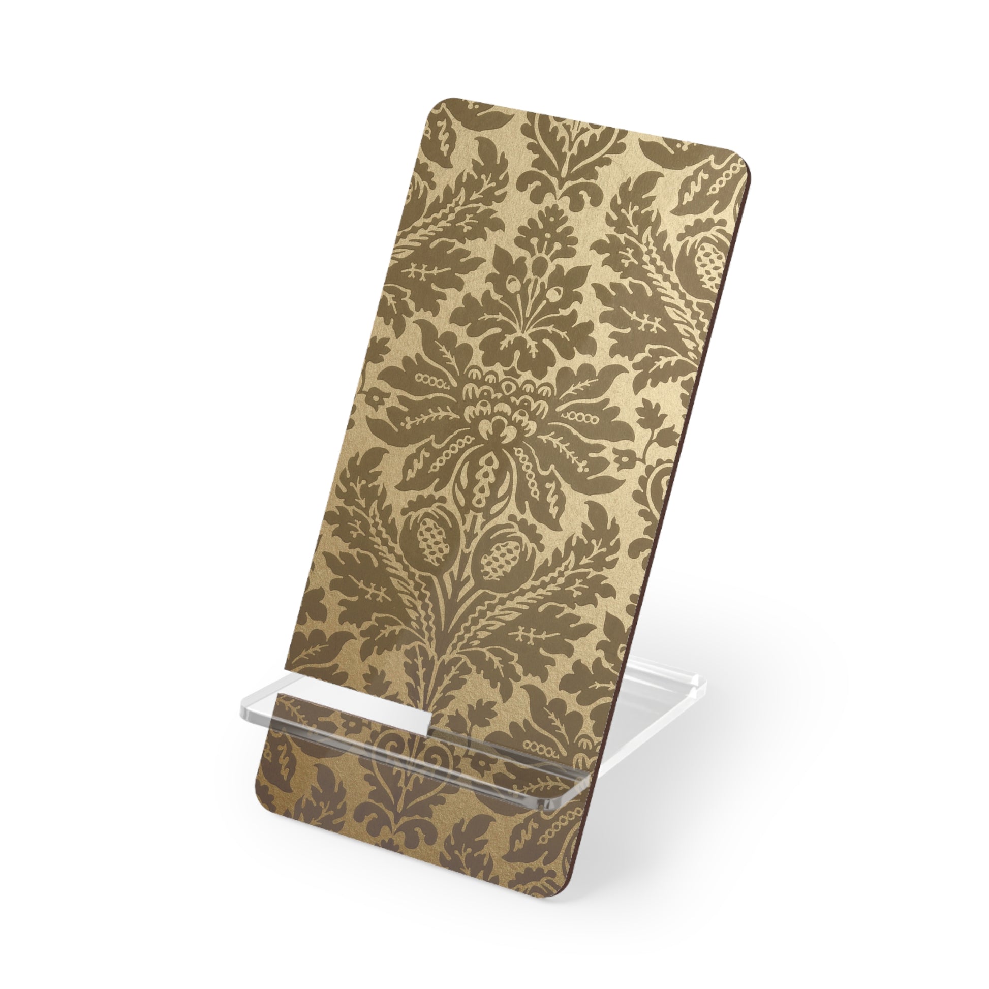 Phone stand with gold floral pattern on a white background