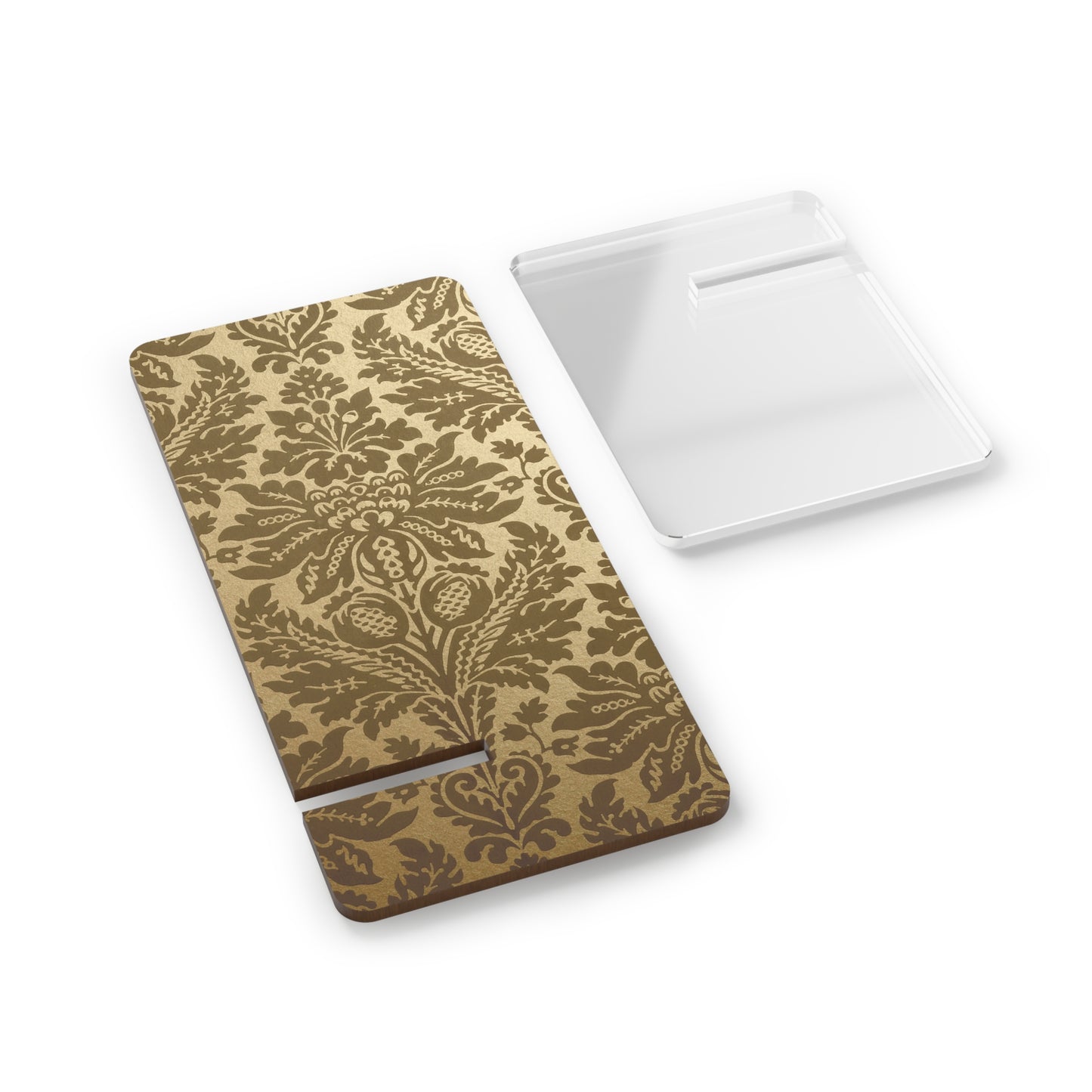 Notebook with gold floral pattern on beige cover and white interior on a white background