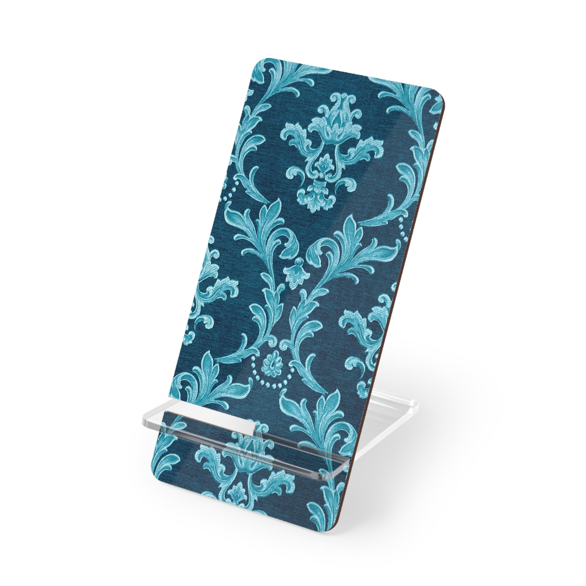 Phone stand with blue floral pattern on a white background