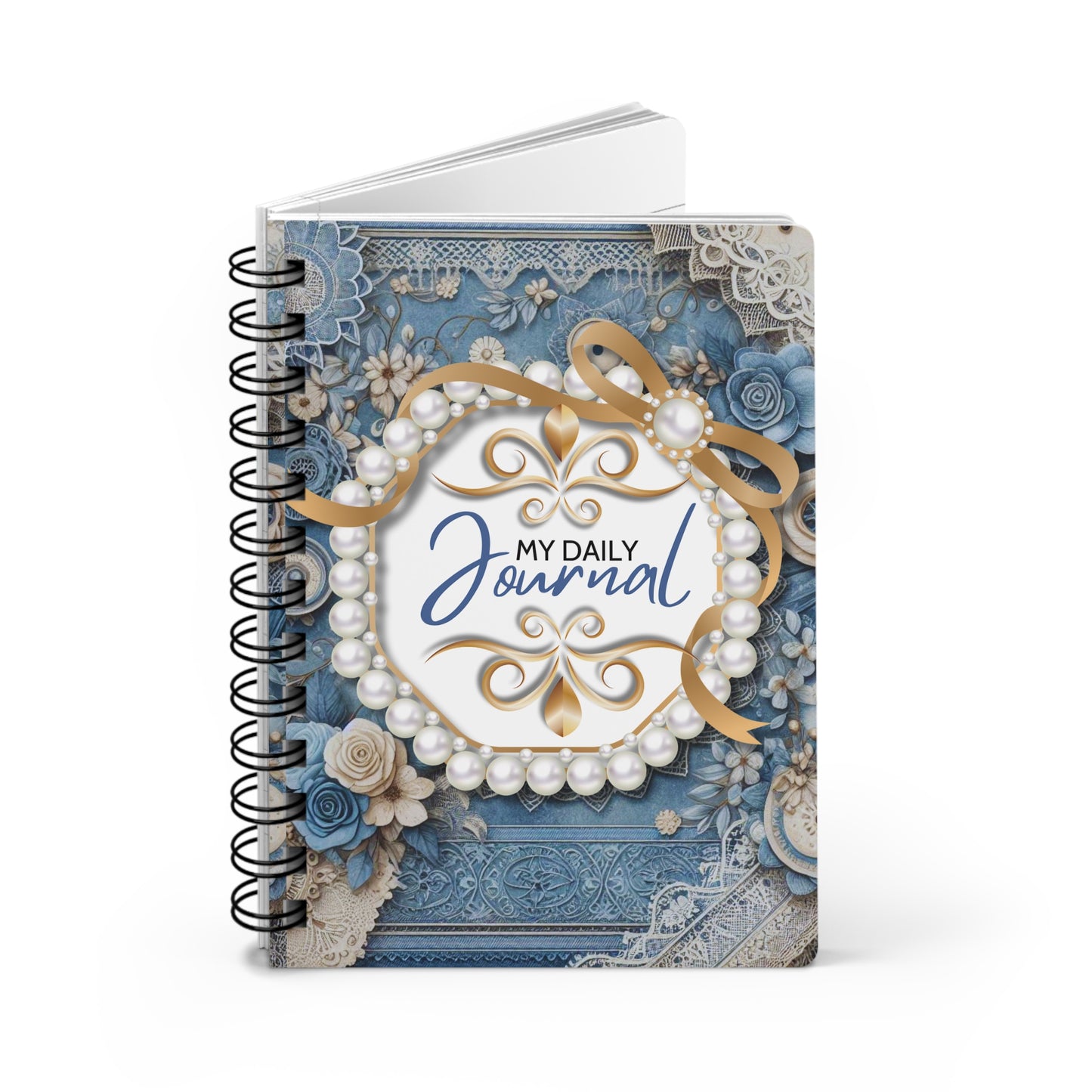 Decorative journal with floral and lace design on a white background