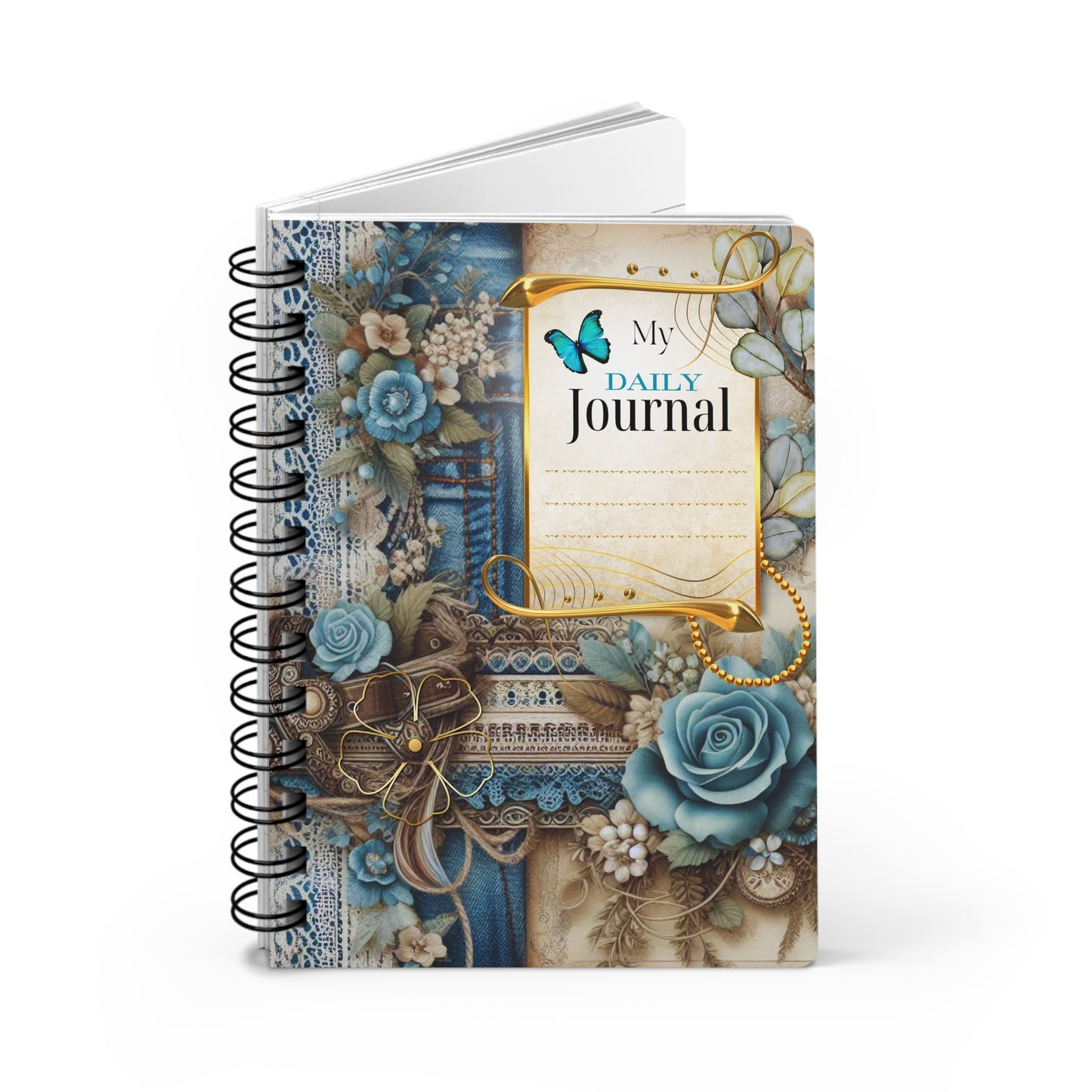 Decorative journal with floral and lace design on a white background