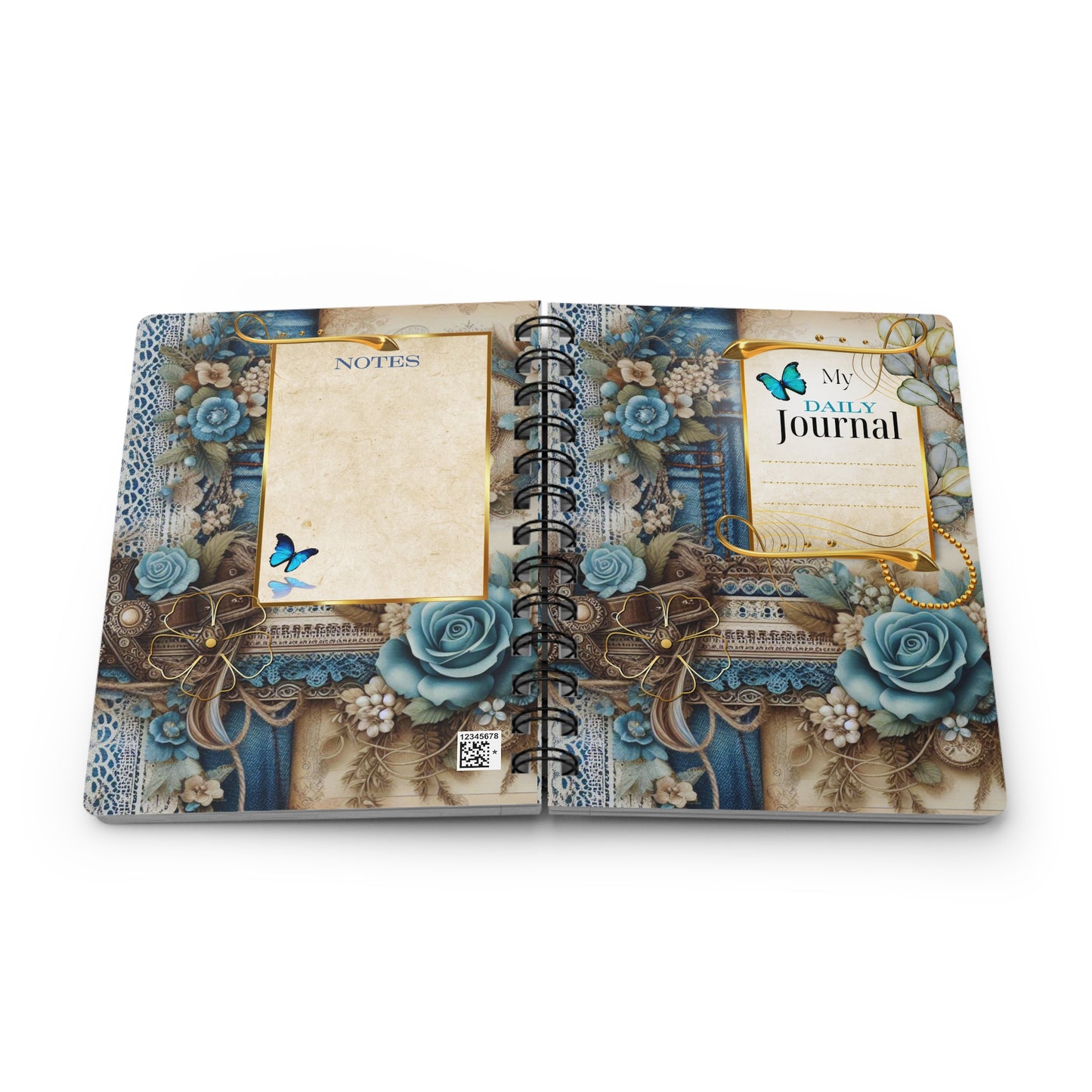 Open daily journal with decorative cover featuring roses and butterflies on a white background