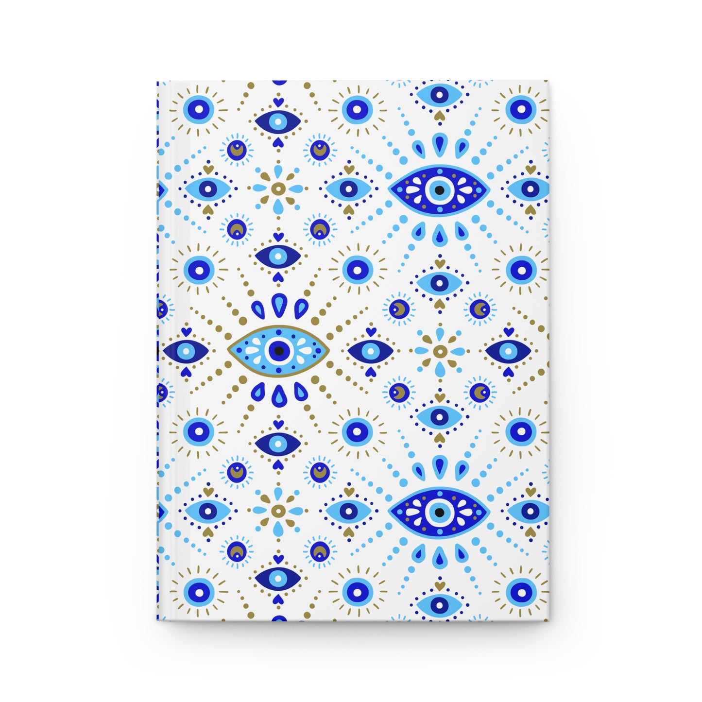 Notebook with blue and gold eye pattern on a white background