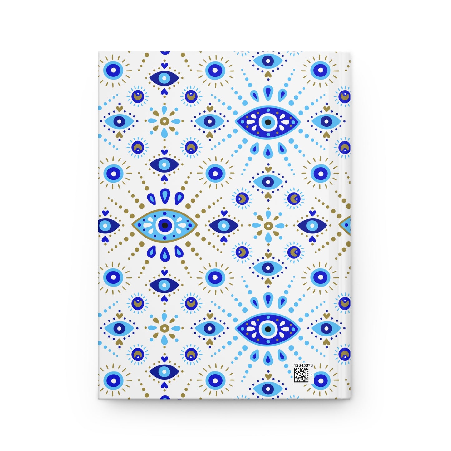 Notebook with blue and gold eye pattern on a white background