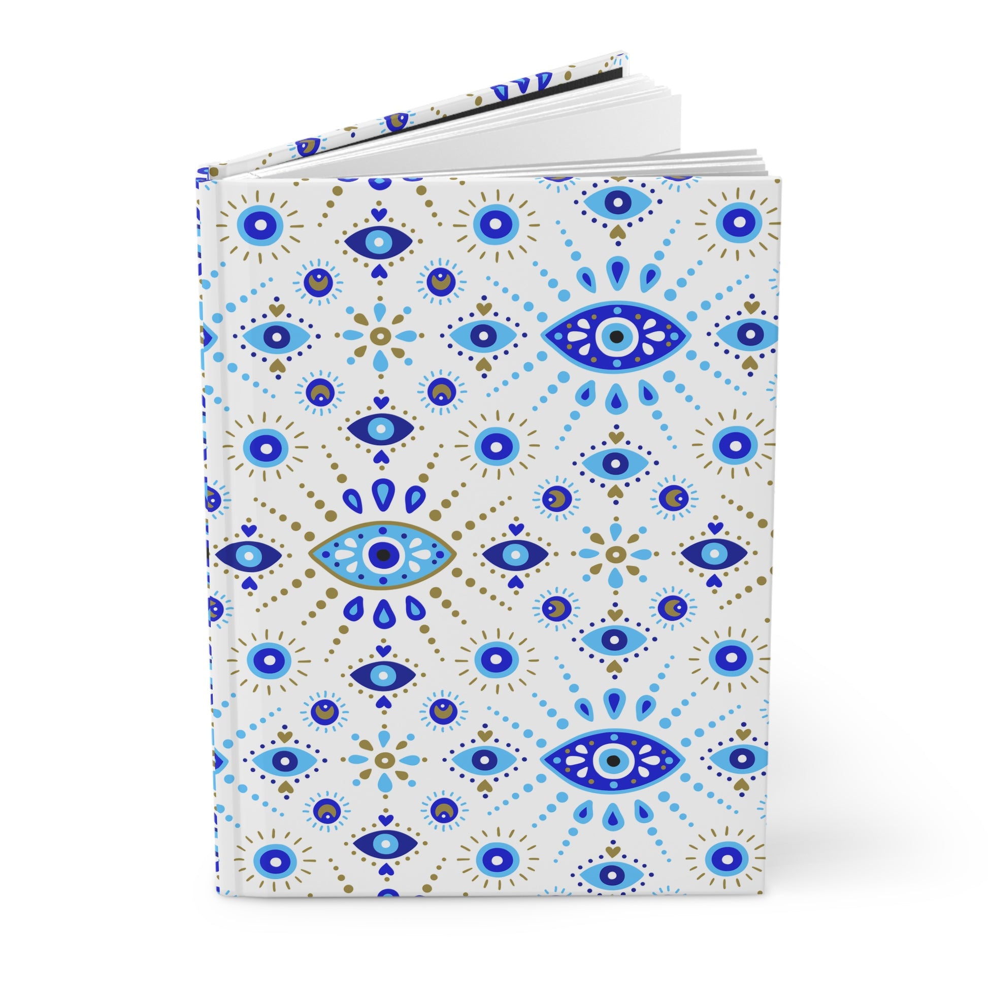 Notebook with blue and gold eye pattern on a white background