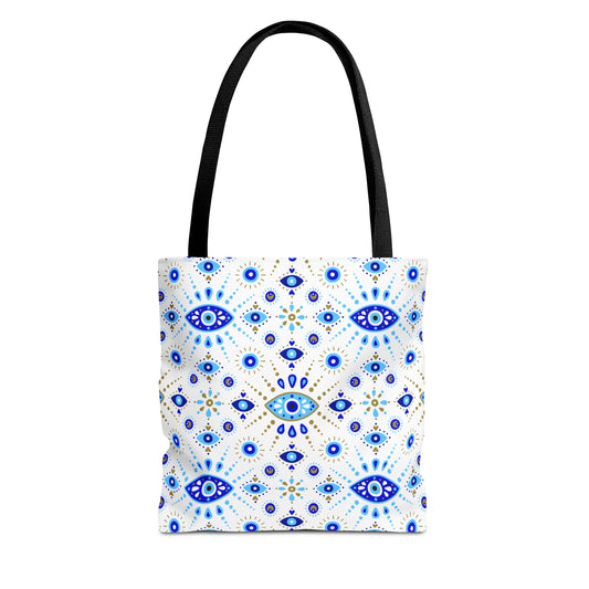Tote bag with blue and white pattern on a white background
