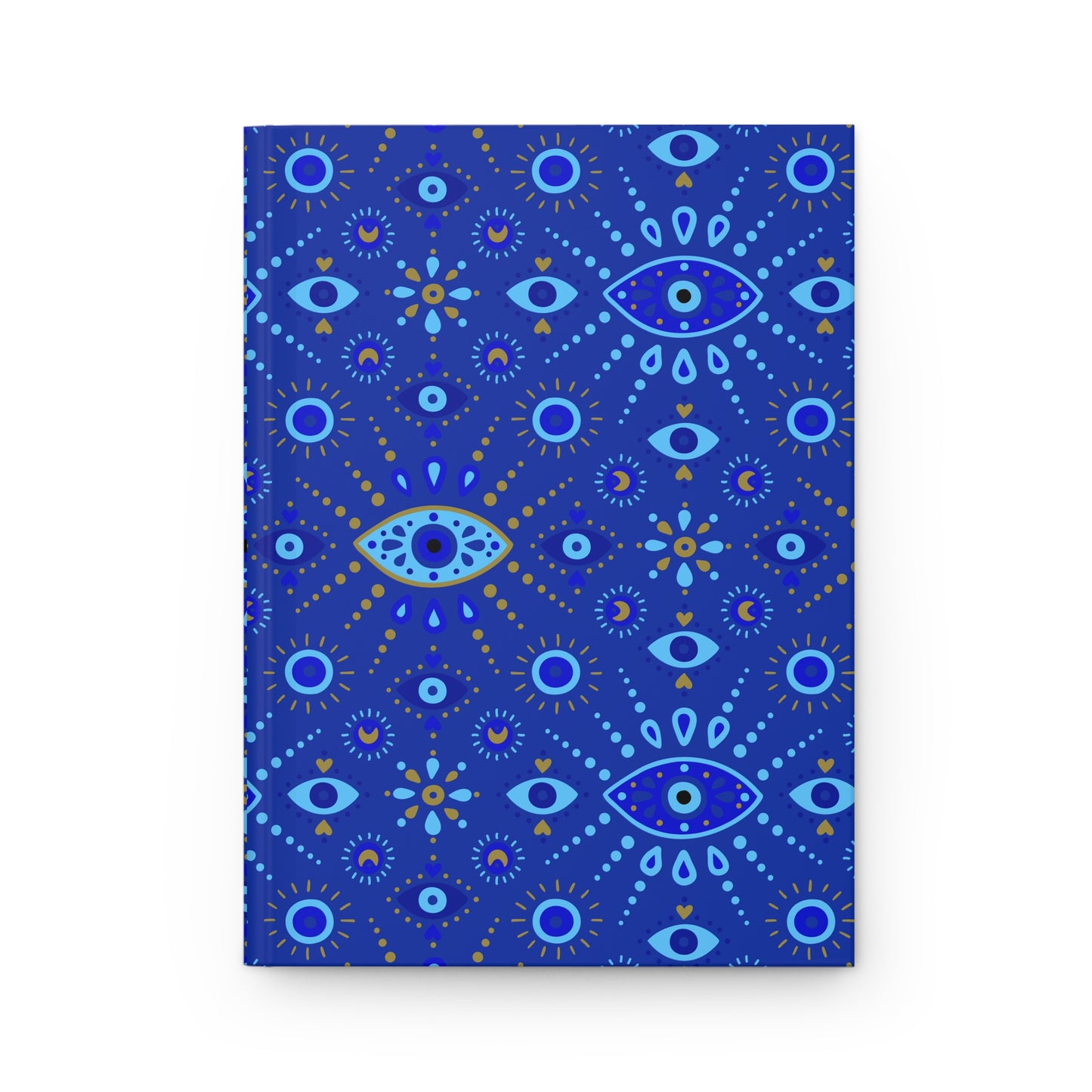 Blue notebook with eye and star pattern on a white background