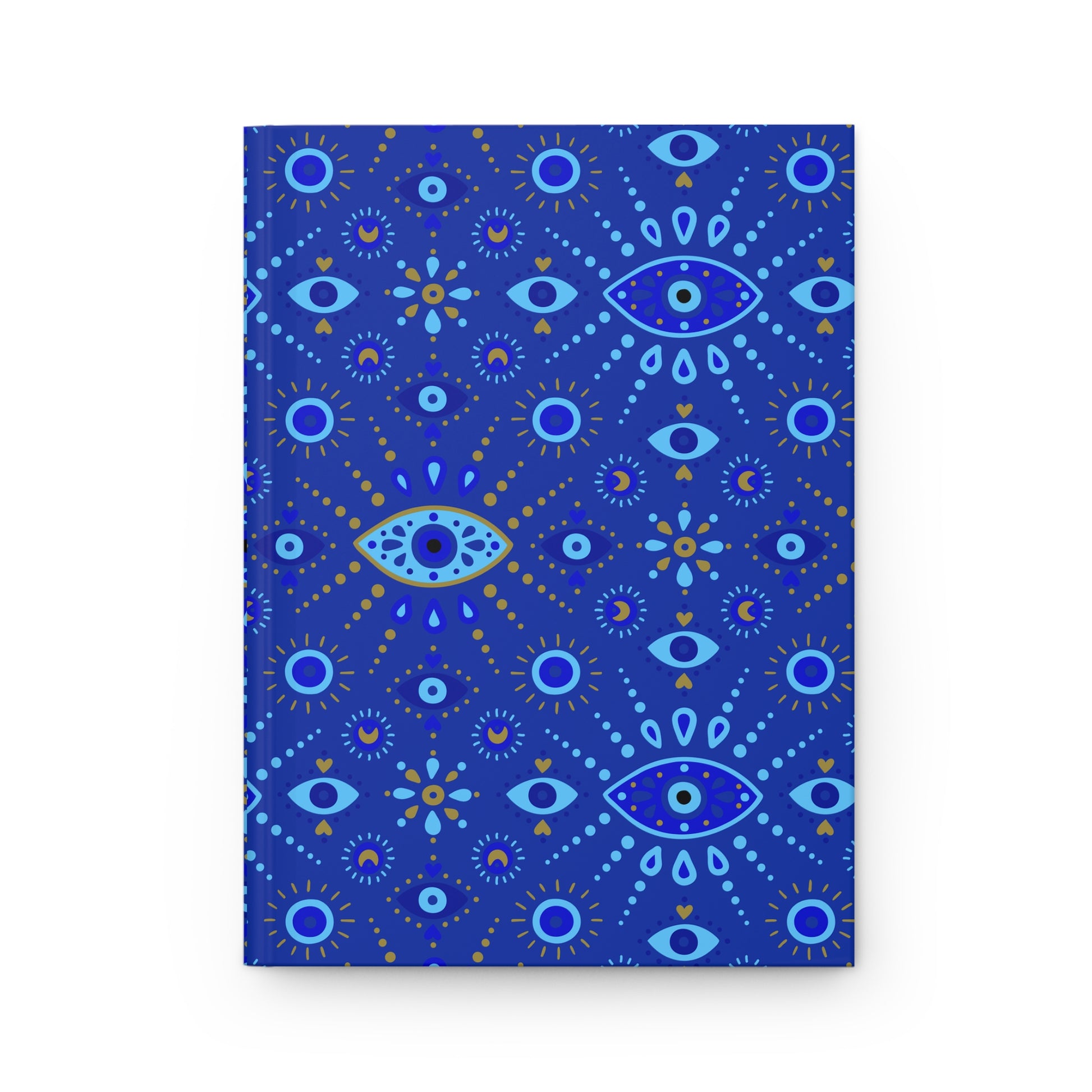 Blue notebook with eye and star pattern on a white background