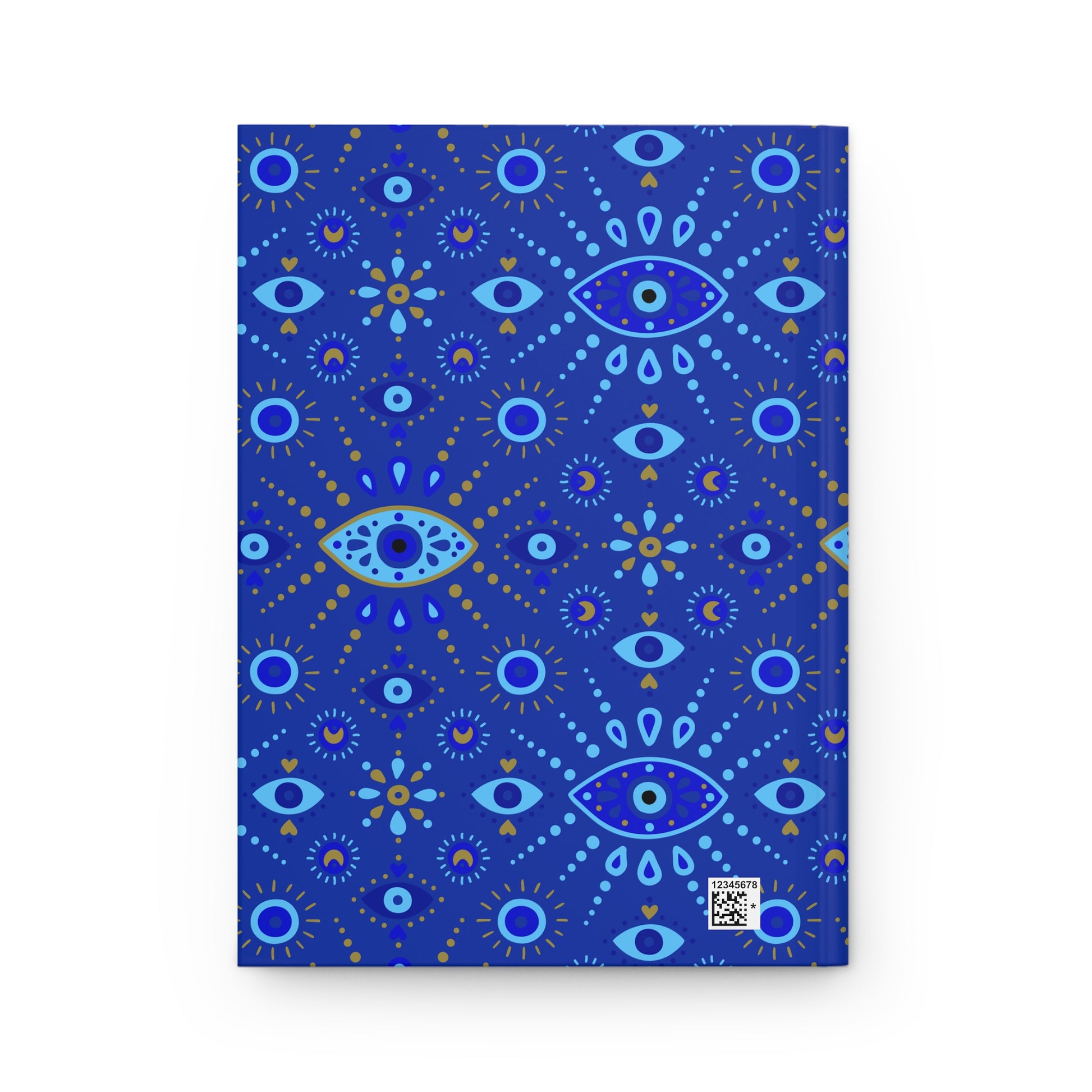 Blue notebook with eye pattern on a white background