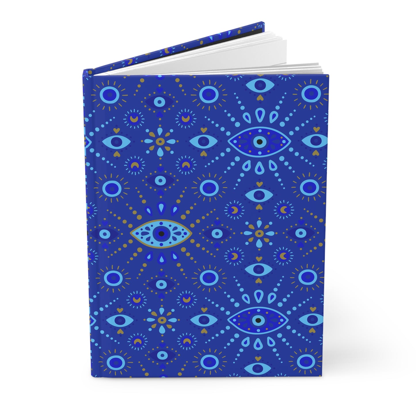 Blue notebook with eye pattern on a white background