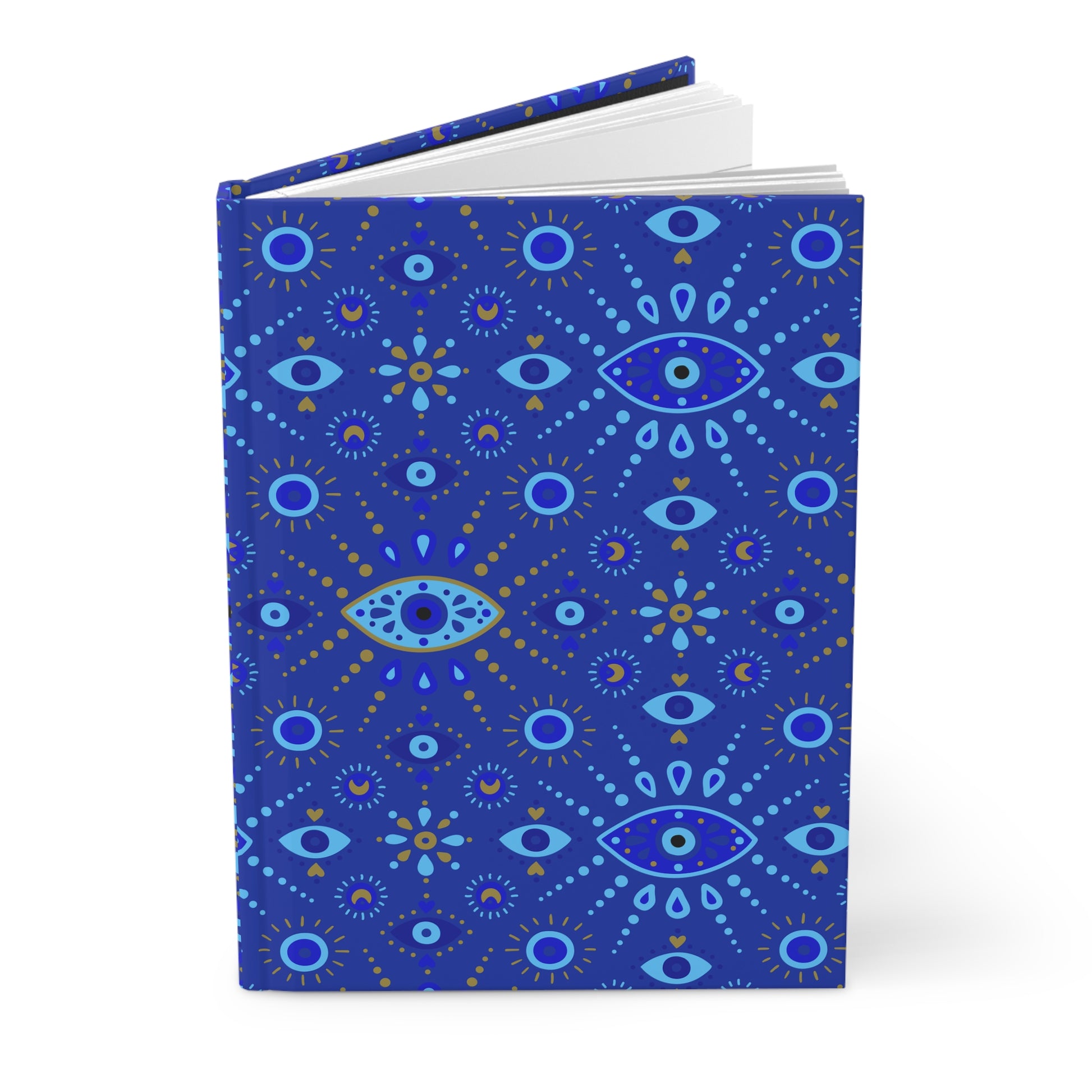 Blue notebook with eye pattern on a white background