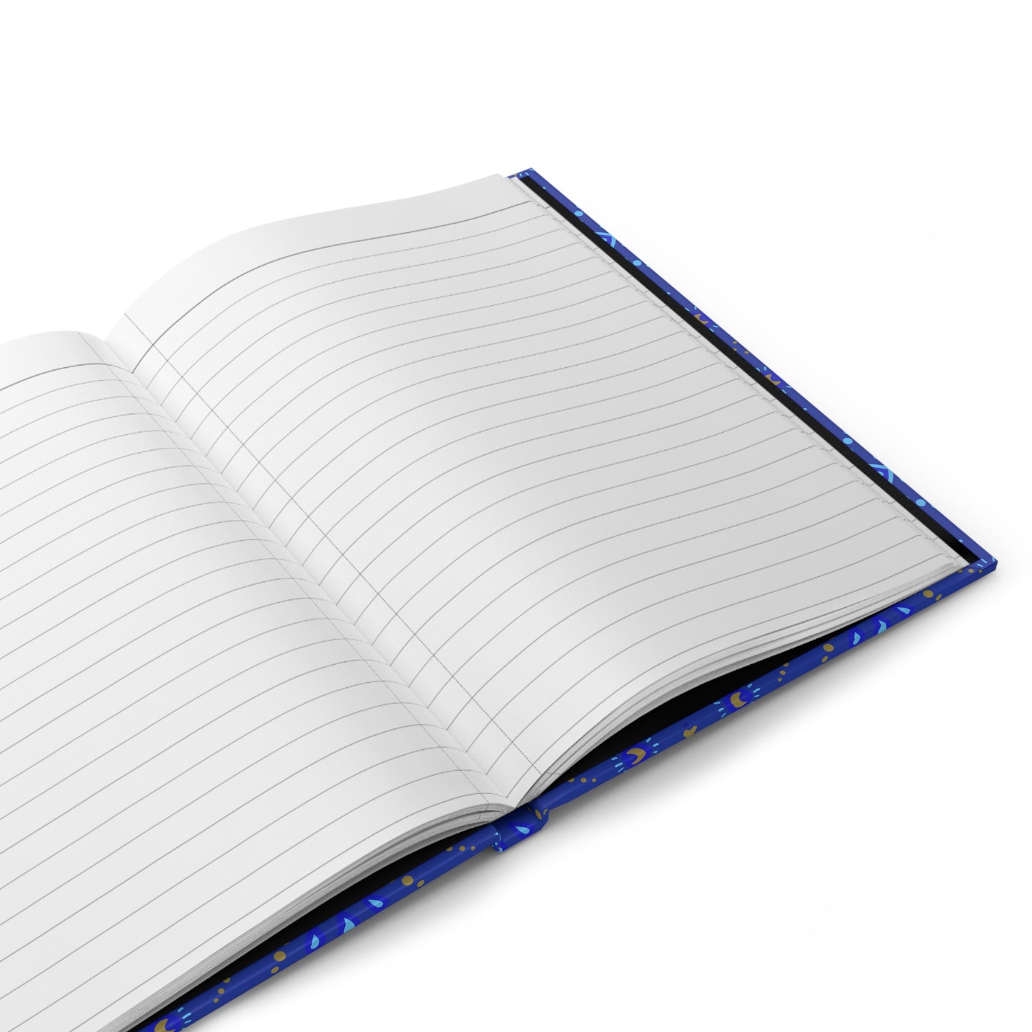 Open notebook with blue decorative edge on a white background