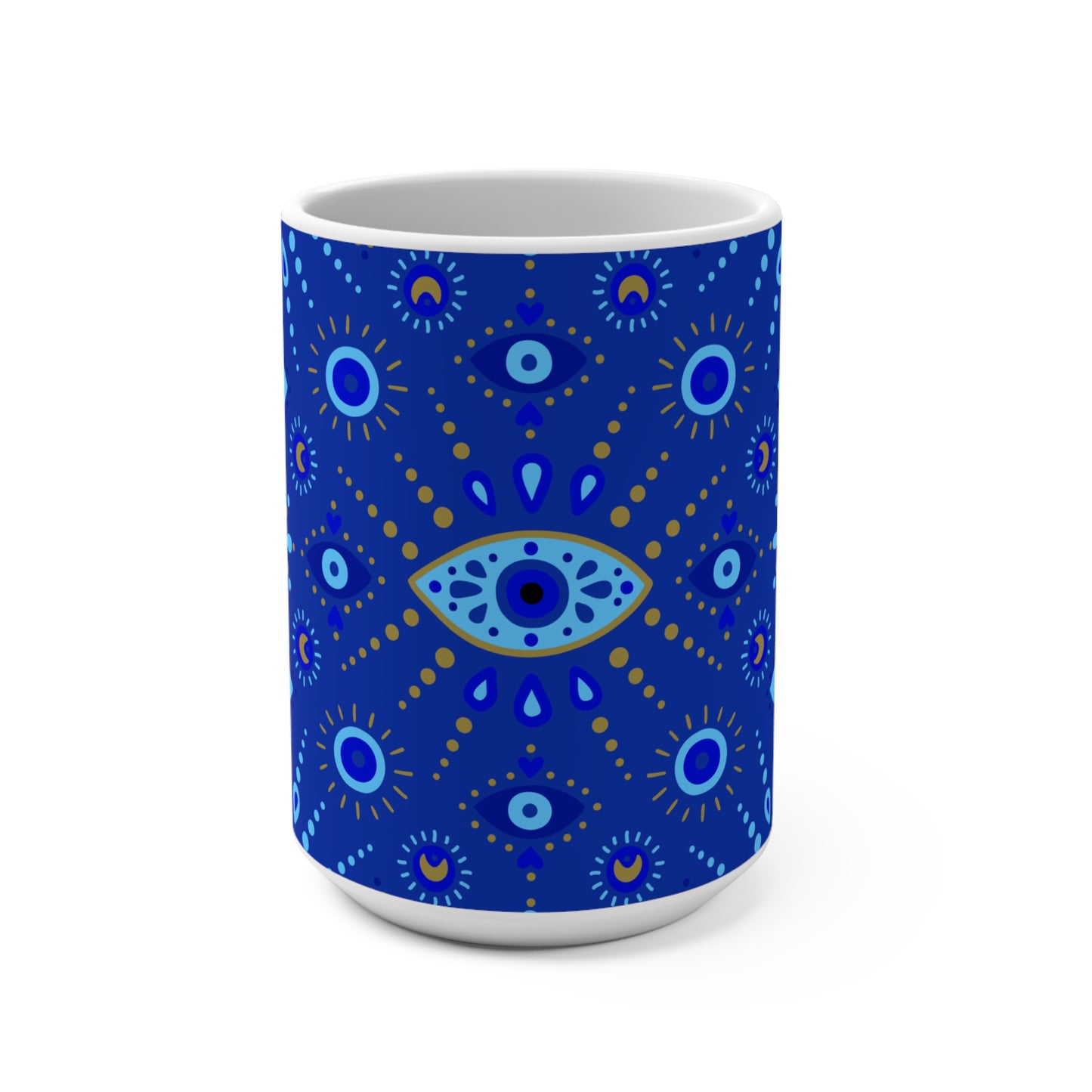 Mug with blue and white geometric pattern on a white background