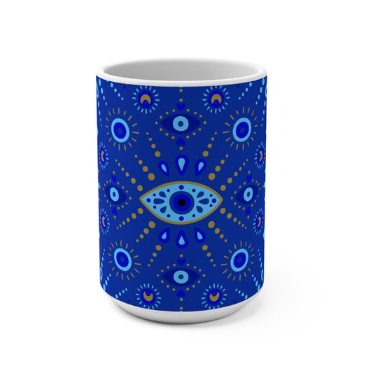 Mug with blue and white geometric pattern on a white background
