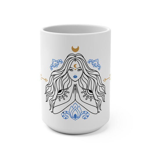 White mug with a design of a woman with long hair and symbols on a white background