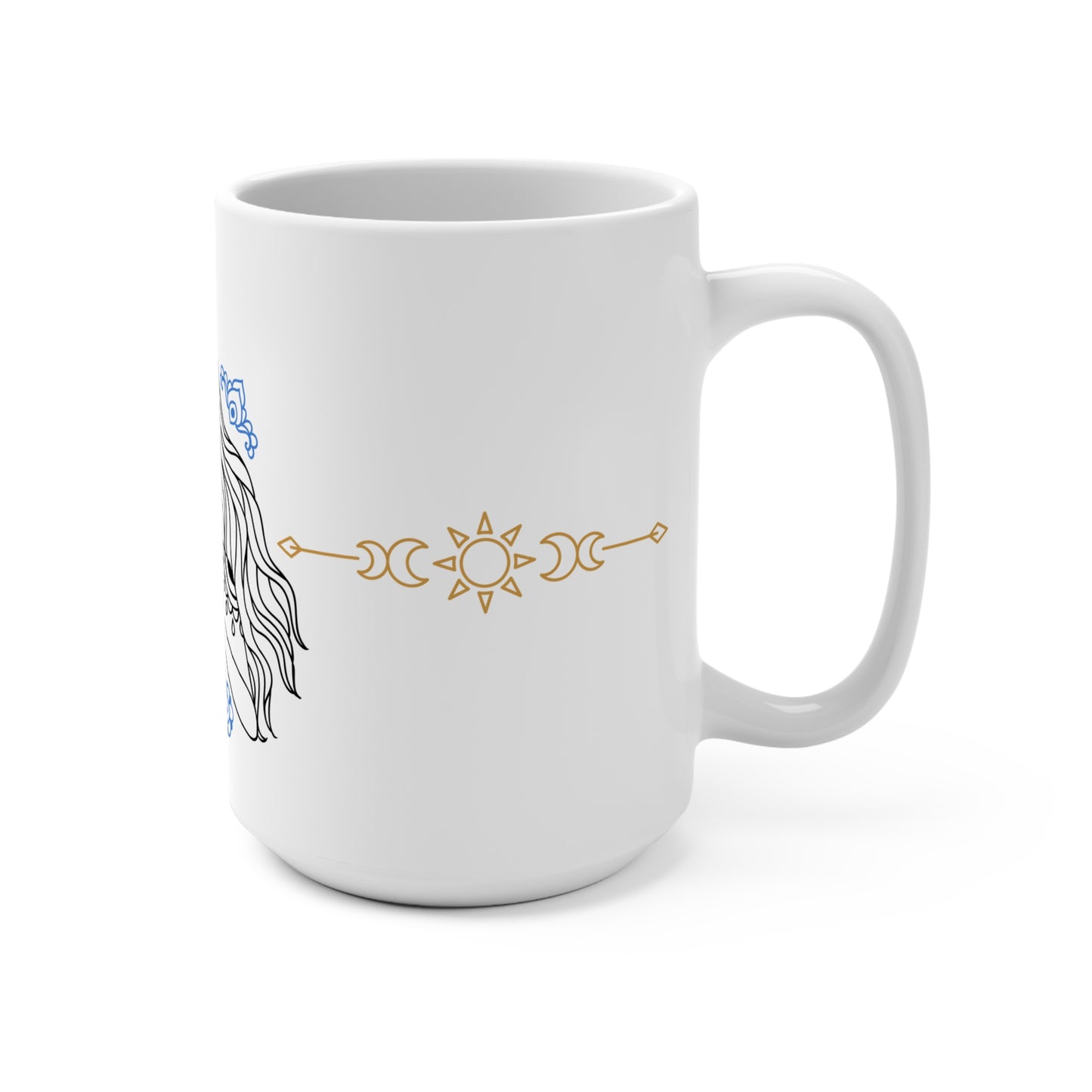 White mug with decorative elements on a white background