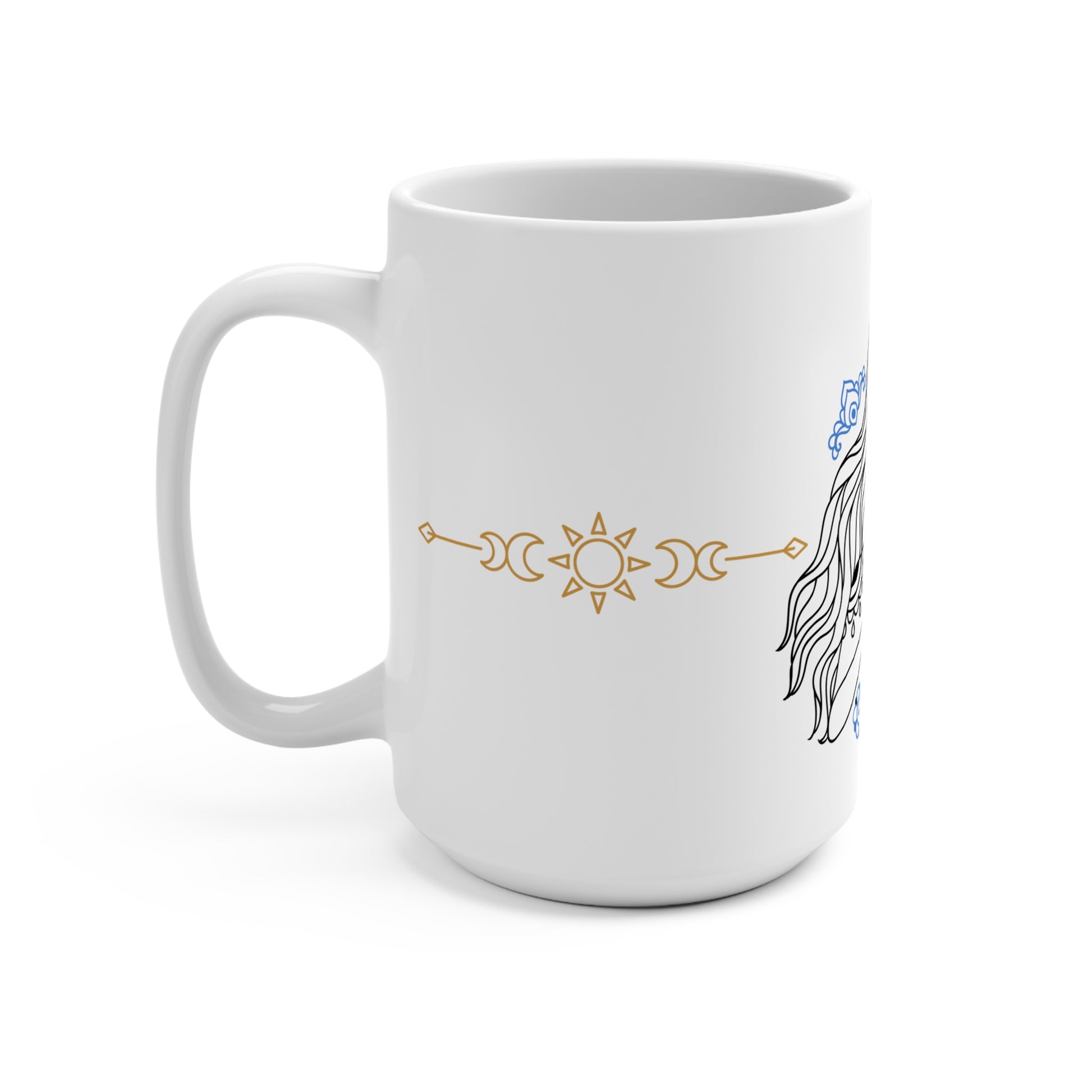 White mug with celestial design on a white background