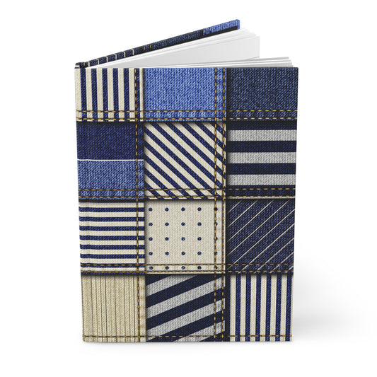 Notebook with a patchwork cover design on a white background