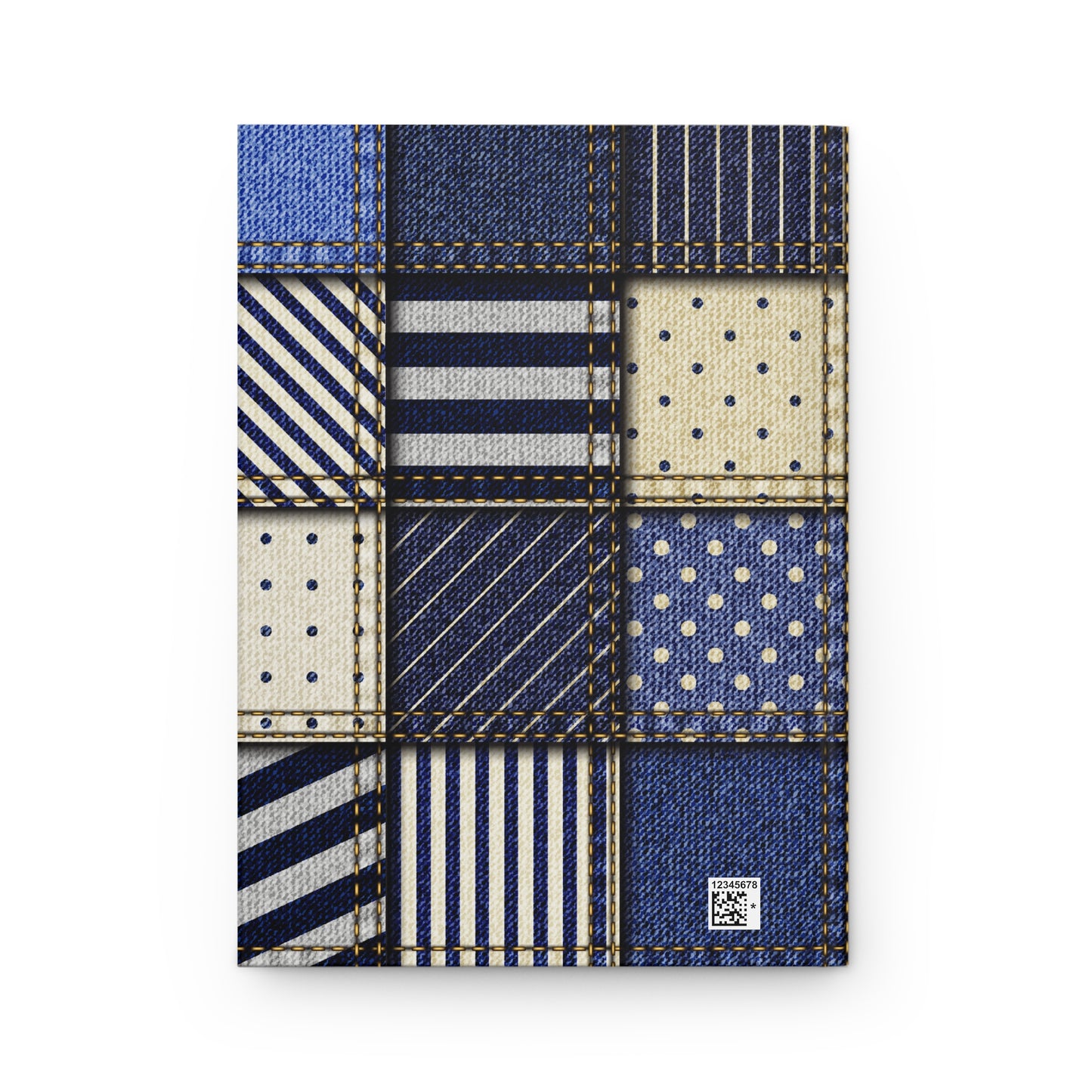 Notebook with a patchwork design featuring blue, beige, and white patterns on a white background.