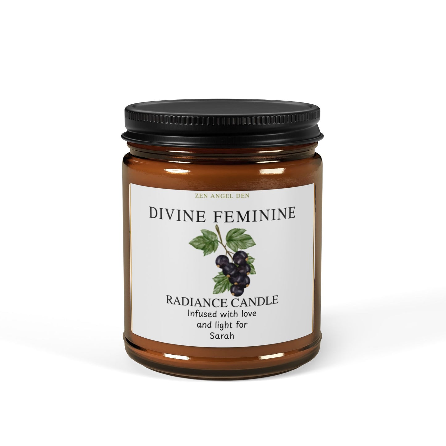 Candle jar labeled 'Divine Feminine' on a white background