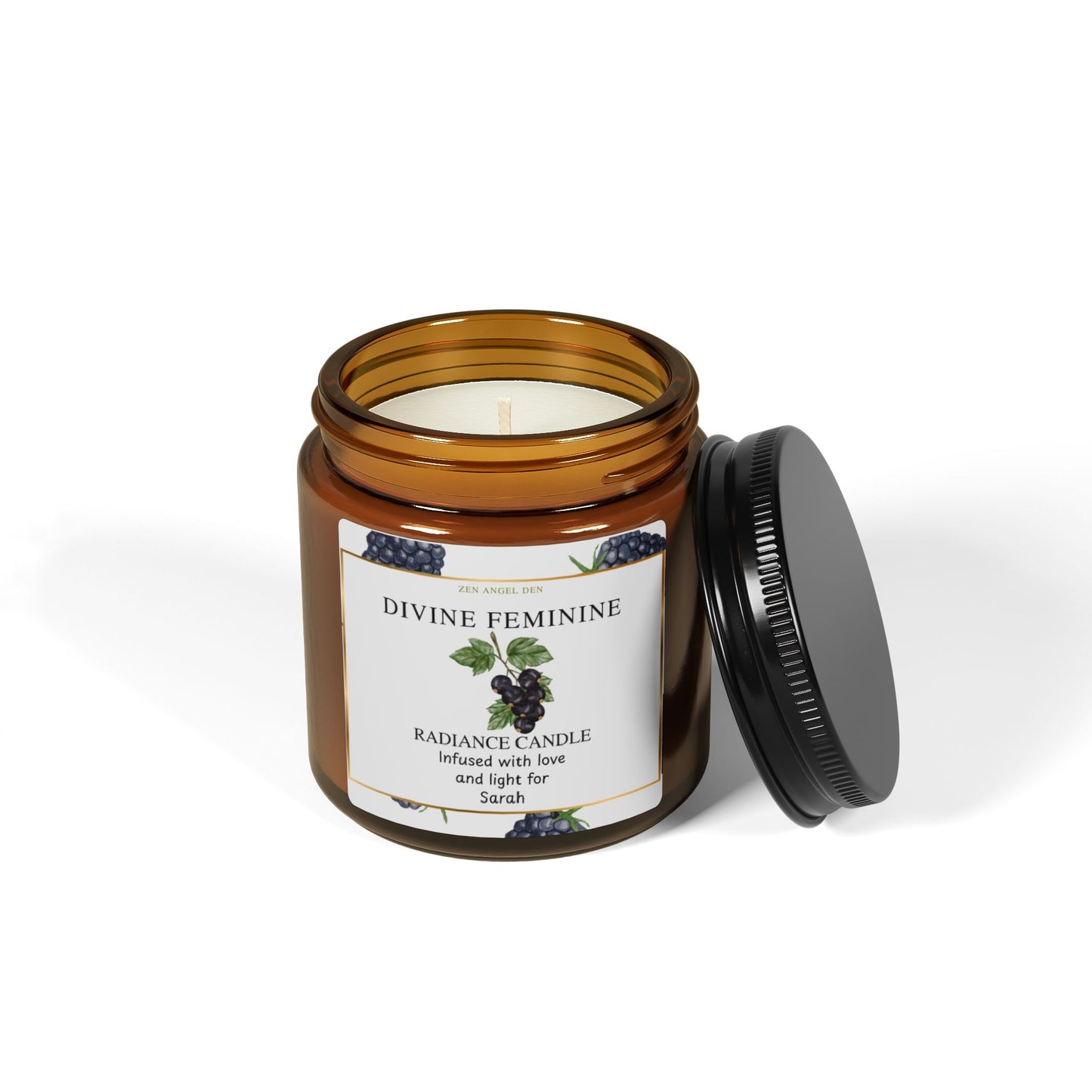 Candle in an amber jar with a label on a white background