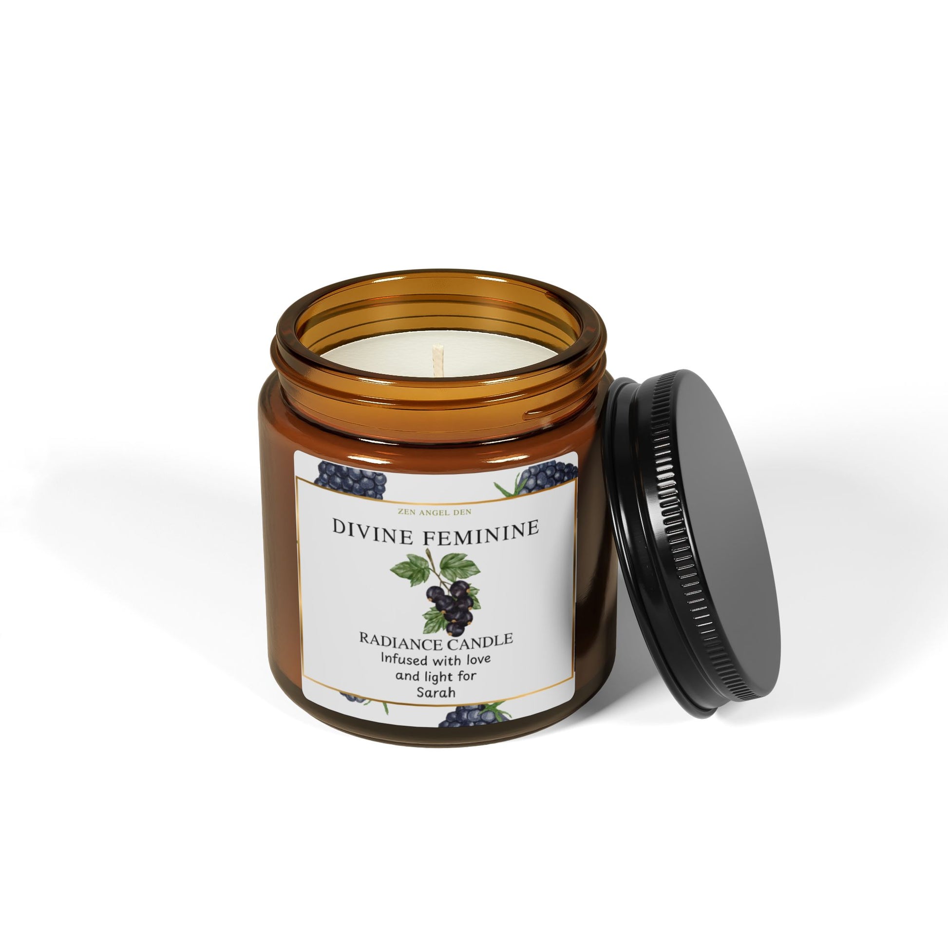 Candle in an amber jar with a label on a white background
