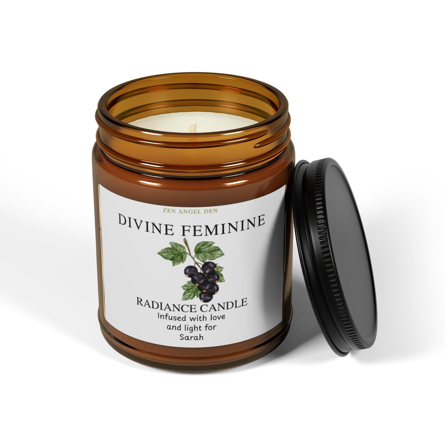 Radiance candle labeled 'Divine Feminine' with a brown jar and black lid on a white background