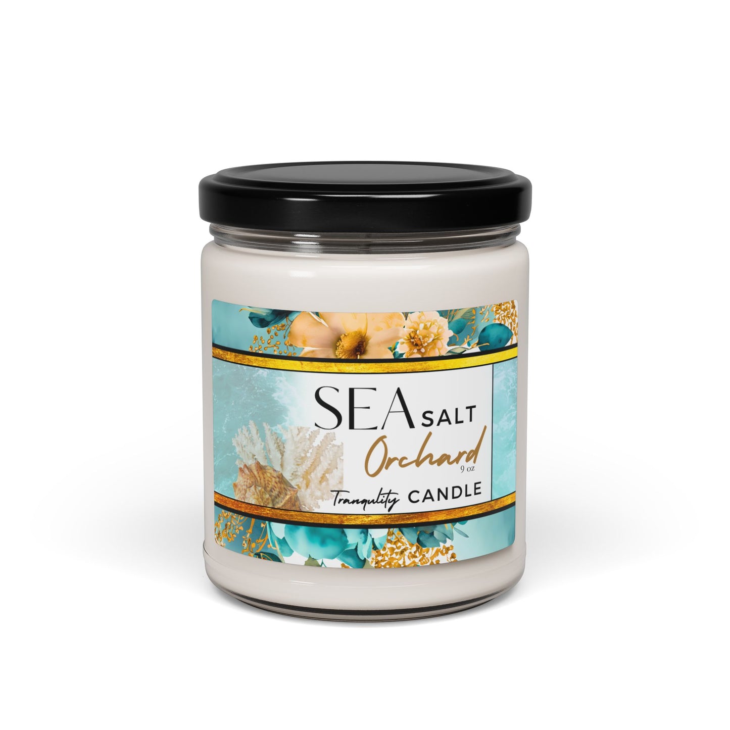Sea Salt Orchard candle with a decorative label on a white background