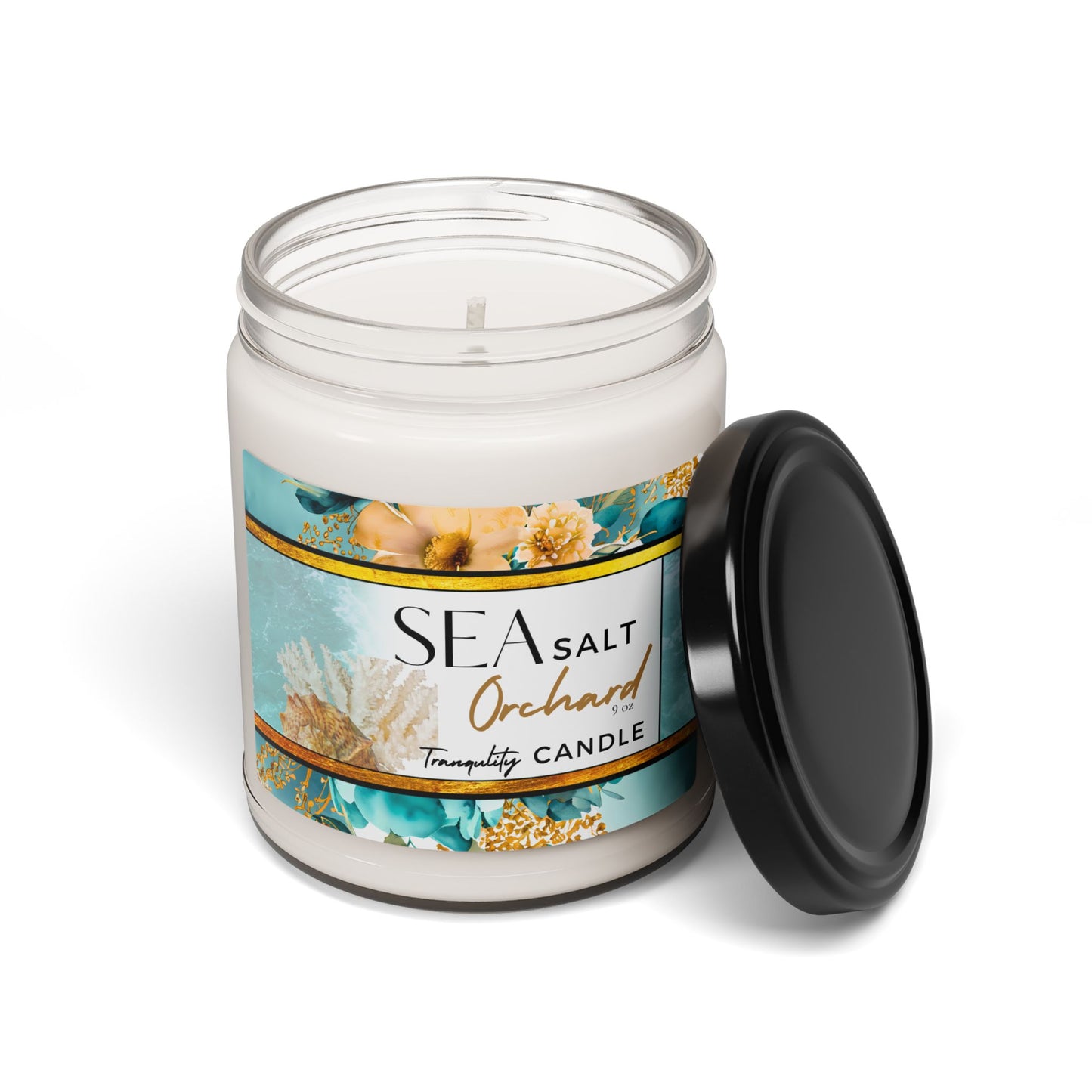 Sea Salt Orchard candle with a label on a white background