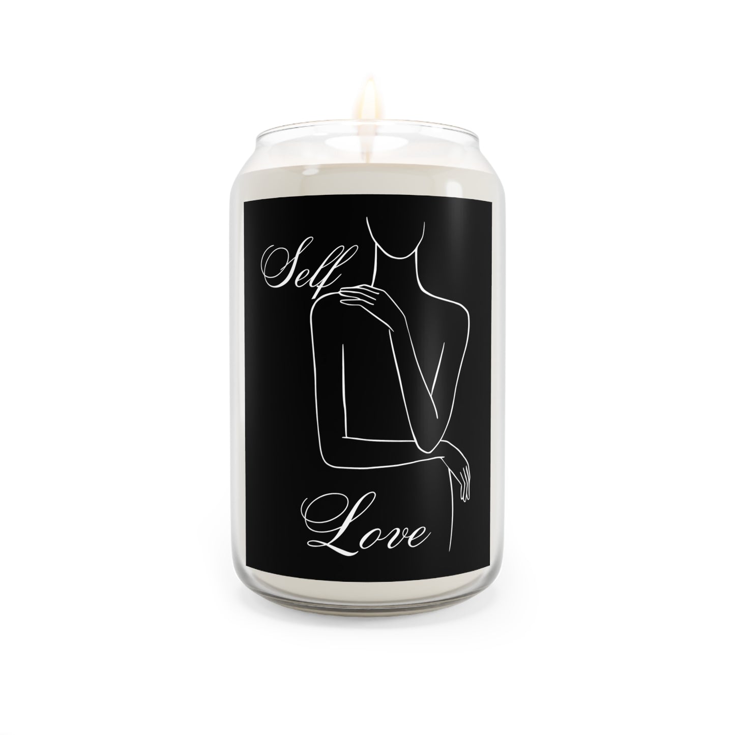 Candle with 'Self Love' design on a black background